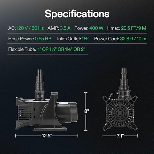 Miniatura 5 de VIVOSUN Bomba de agua sumergible 5284 GPH, bomba de estanque de 400 W, bomba de acuario ultra silenciosa con altura de elevación de 29.5 pies para