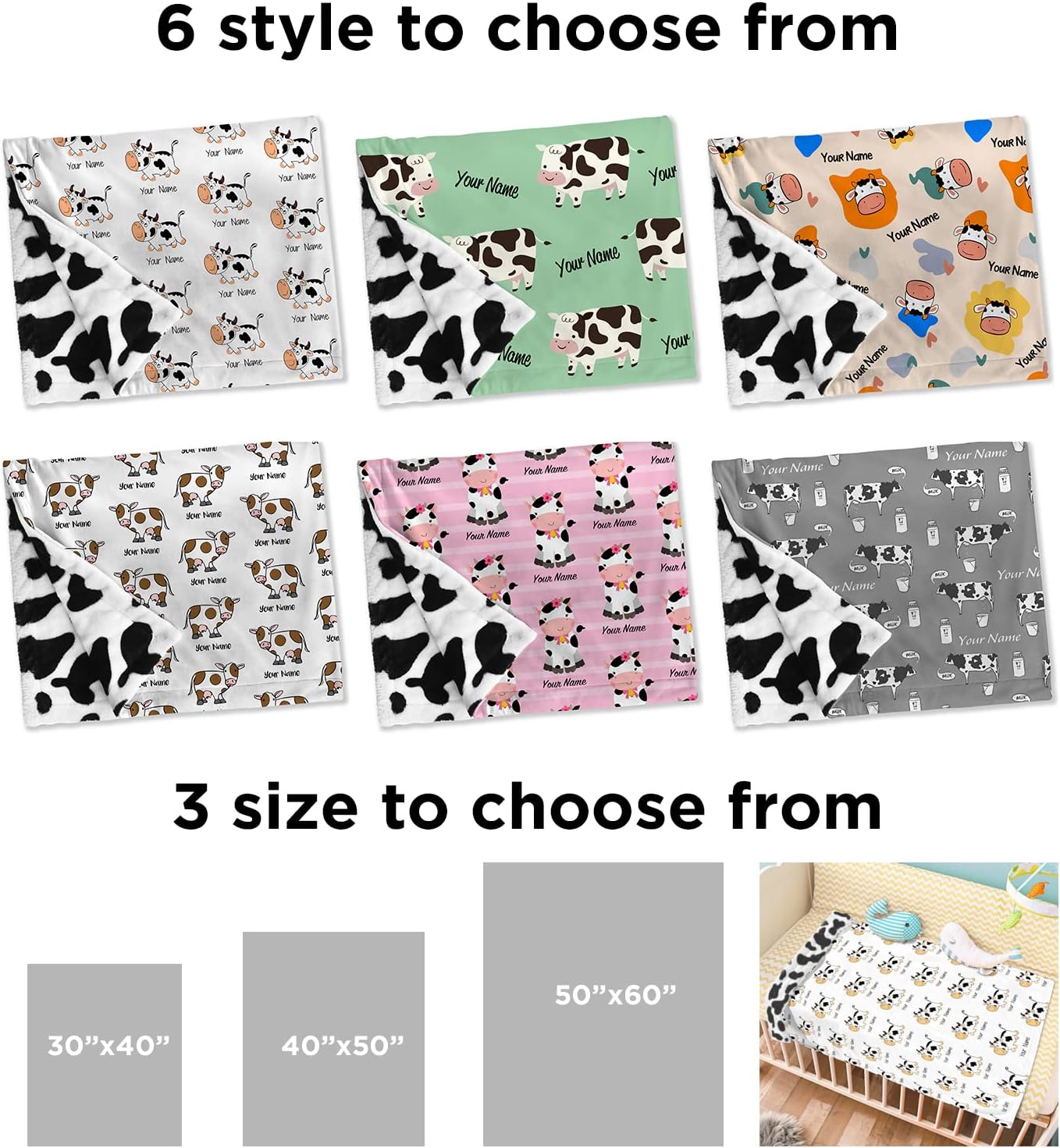 Cow Print Blanket Personalized with Name for Baby Boys Girls Toddler - Soft Minky Blankets with Plush Backing, Cows Pattern Bedding for Bedroom Crib Decor Stuff (3 Sizes)