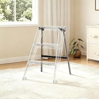 Acrylic 3-Step Folding Step Ladder for Adults, Decorative Transparent Step Stool with Electroplated Silver Iron Frame, 24.8"High Aesthetic Utility Stairs, Modern Foot Stool Multifunction Display Shelf