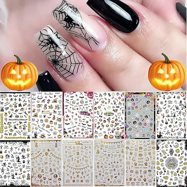 Kalolary Halloween Nail Stickers - 12 Sheets Self-Adhesive DIY Nail Art Decals