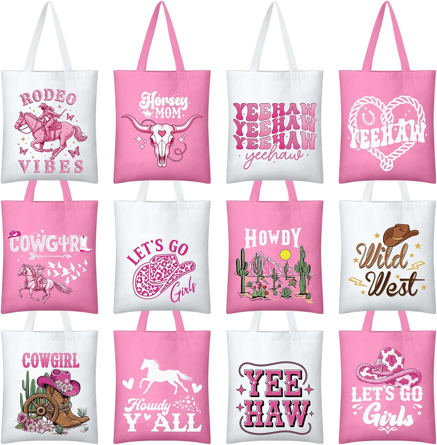 Sadnyy 12 Pcs Western Pink Cowgirl Canvas Tote Bags Bulk Teacher Gifts for Women Western Party Favors Cute Coquette Bag with Zippers Cowgirls Accessories for Women Birthday Stuff Supplies