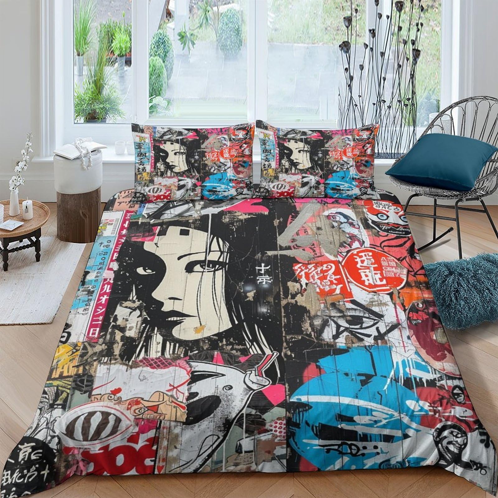 Parure de lit King size graffiti japonais avec housse de couette 220x240 cm et taies