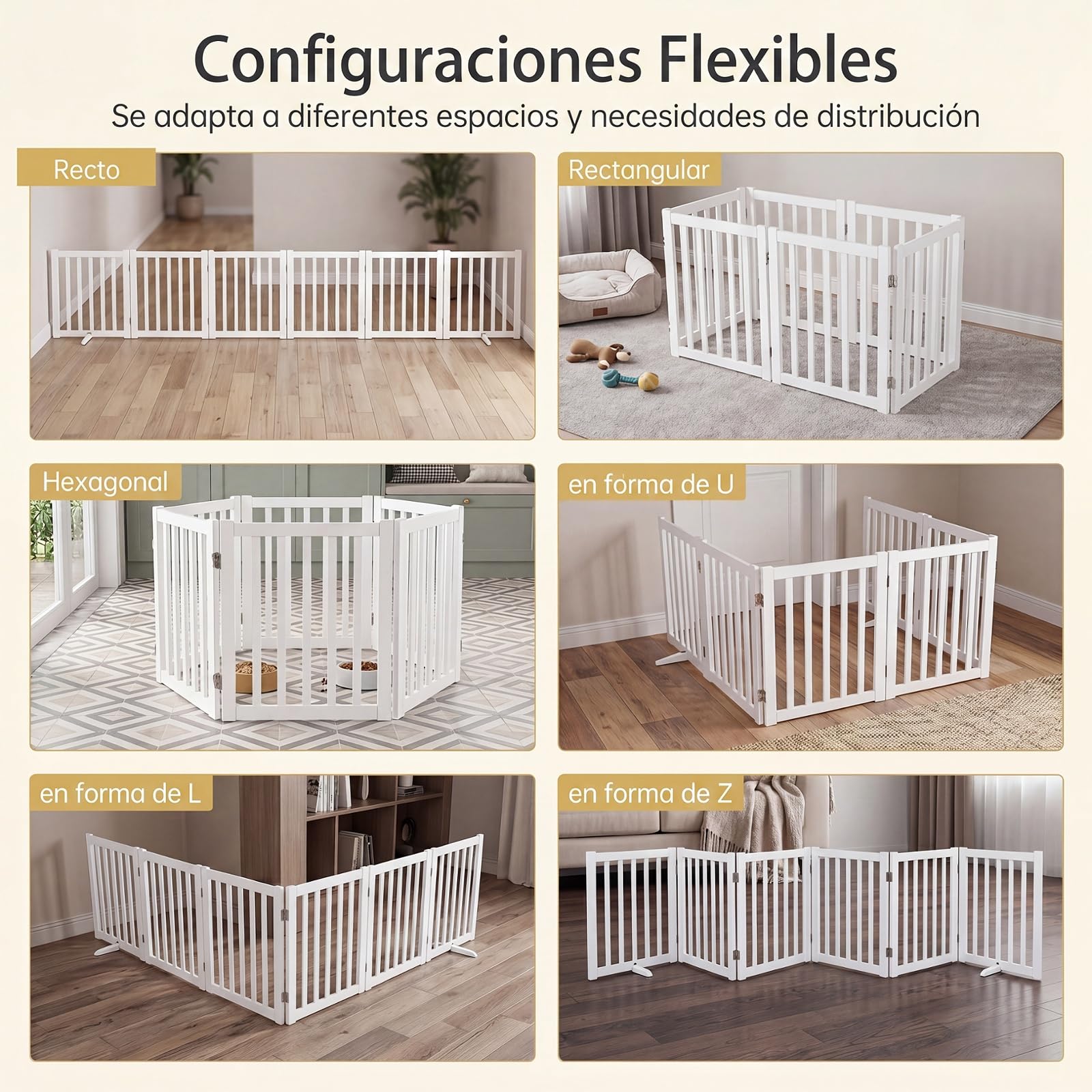 GYMAX Puerta para Perros de 6 Paneles, Valla Interior Plegable de Madera de Caucho con Patas de Apoyo, Barrera de Seguridad Portátil para Escaleras y Pasillos, Blanco