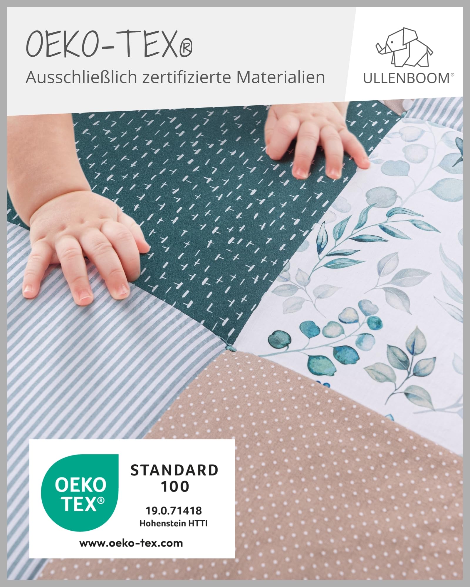 ULLENBOOM Krabbeldecke für Baby mit Personalisierung, 100% OEKO-TEX Materialien, Eukalyptus 100x100 cm - Babydecke mit Namen und Datum, ideal als Spieldecke und personalisiertes Geschenk zur Geburt