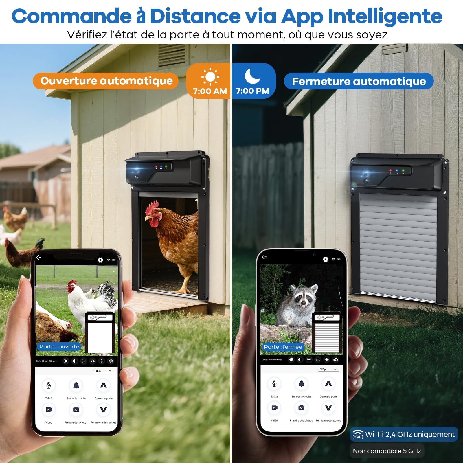 Porte Poulailler Automatique avec Caméra WiFi et Application, Porte à Enroulement Gain de Place pour Poulailler, Recharge Solaire, Contrôle à Distance, Minuterie, Anti-pincement