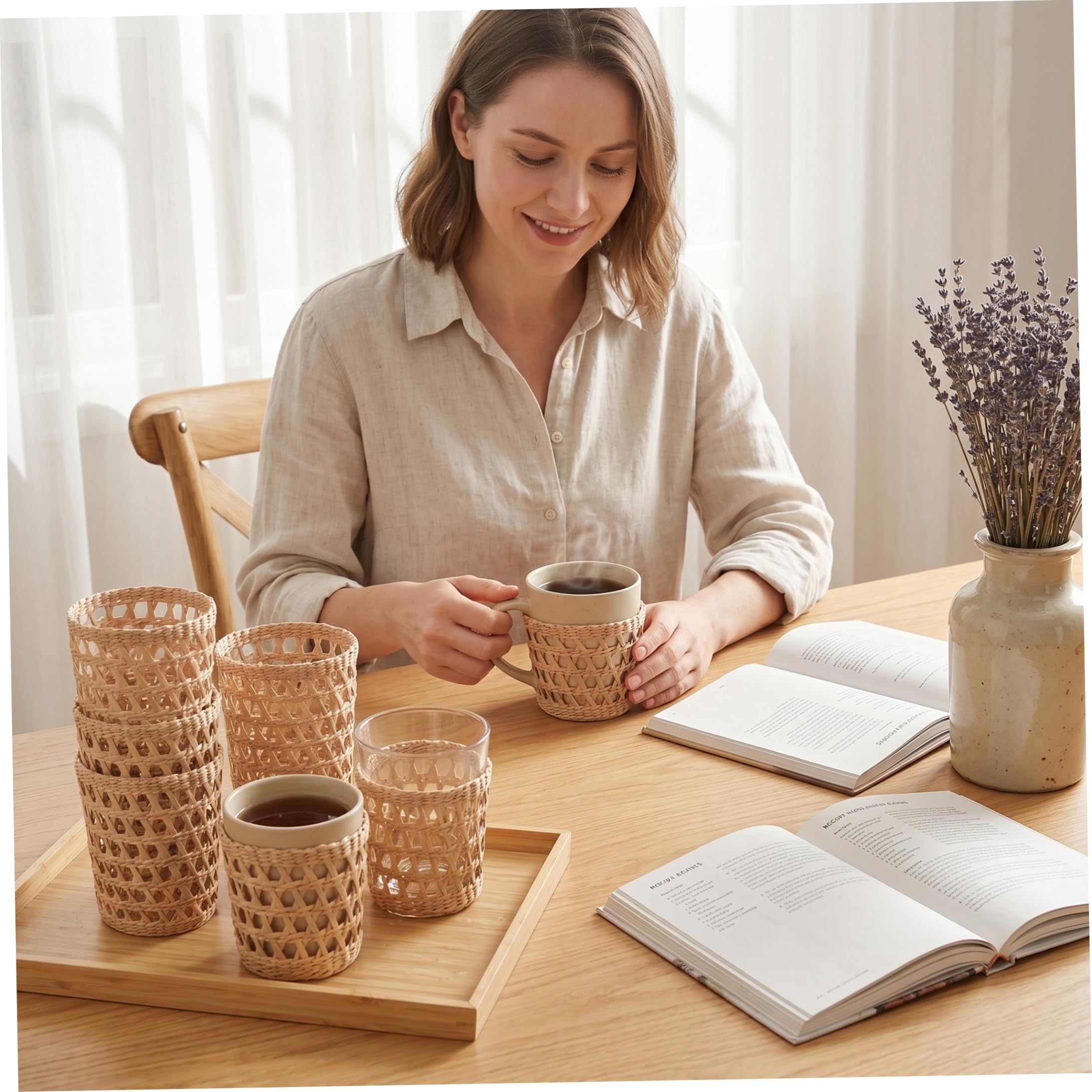 Vasos para lápices, 6 unidades, hechos a mano, con pajilla, mangas de aislamiento térmico para tazas, decoración pequeña y de escritorio, cesta de ratán pequeña, organizador de lápices de