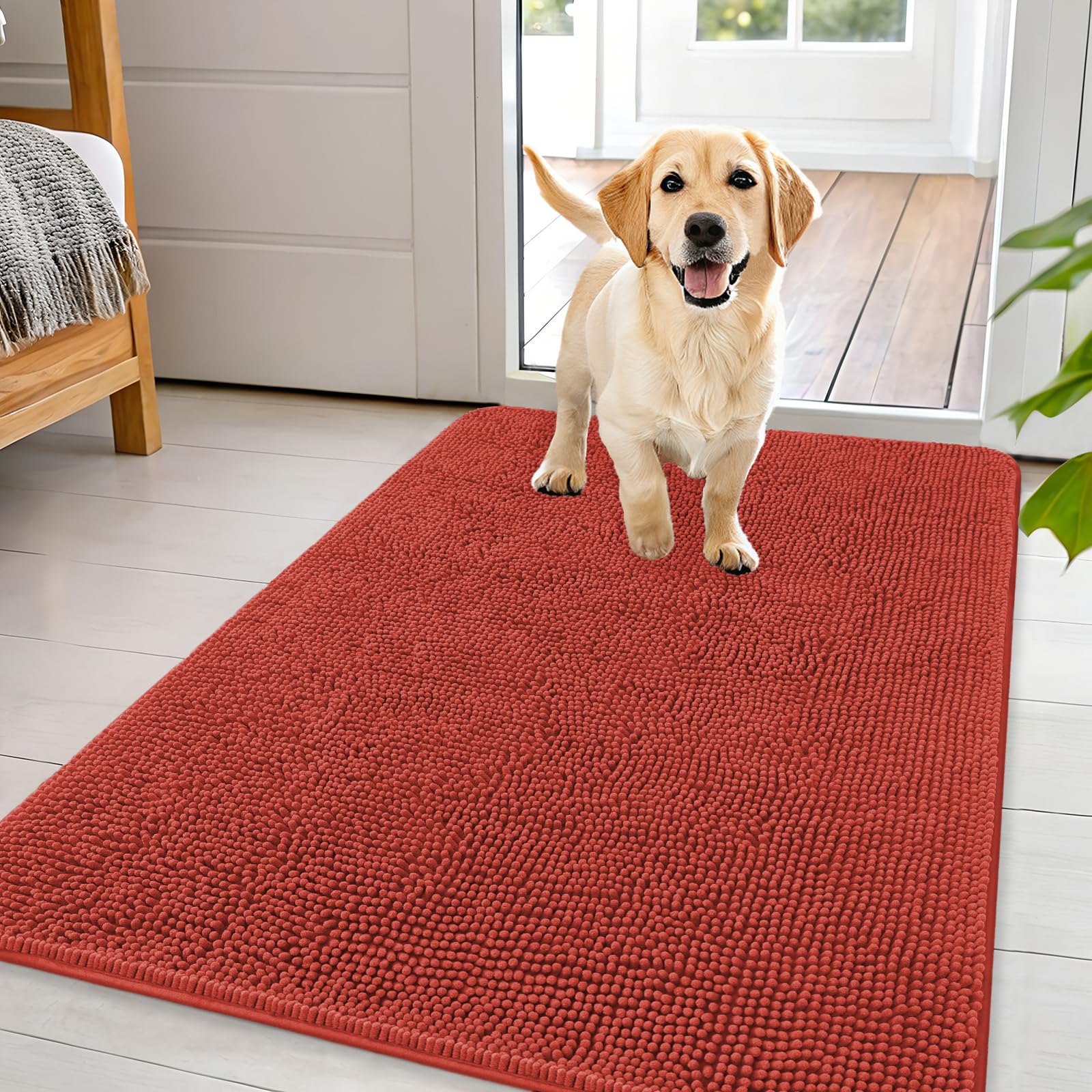 OLANLY Dog Door Mat for Muddy Paws 44x32, Absorbs Moisture and Dirt, Absorbent Non-Slip Washable Doormat, Quick Dry Chenille Mud Mat for Dogs, Entry Indoor Entryway Carpet for Inside Floor, Maple Red