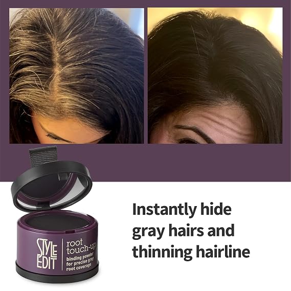 Style Edit Root Touch Up Concealer Powder for Black Hair | Gray Hair Coverage | Mineral-Infused Binding Hairline Powder with Free Mini Brush
