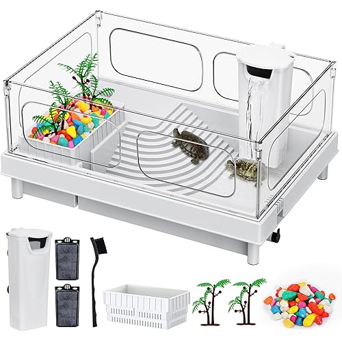 Geegoods Turtle Tank, Turtle Aquarium with Filter, Colored Rocks, Brush and Small Plant for for Turtles, Crabs, Crayfish, Small Reptiles