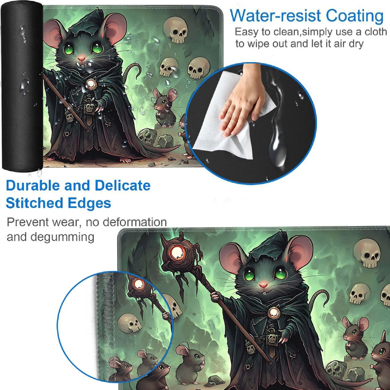 Playmat for MTG, 24x14 Inches, for TCG and CCG Trading Card Game Mat, Non-Slip Rubber for MTG Playmats with Storage Bag and 6 Dice Set, Rat Wizard