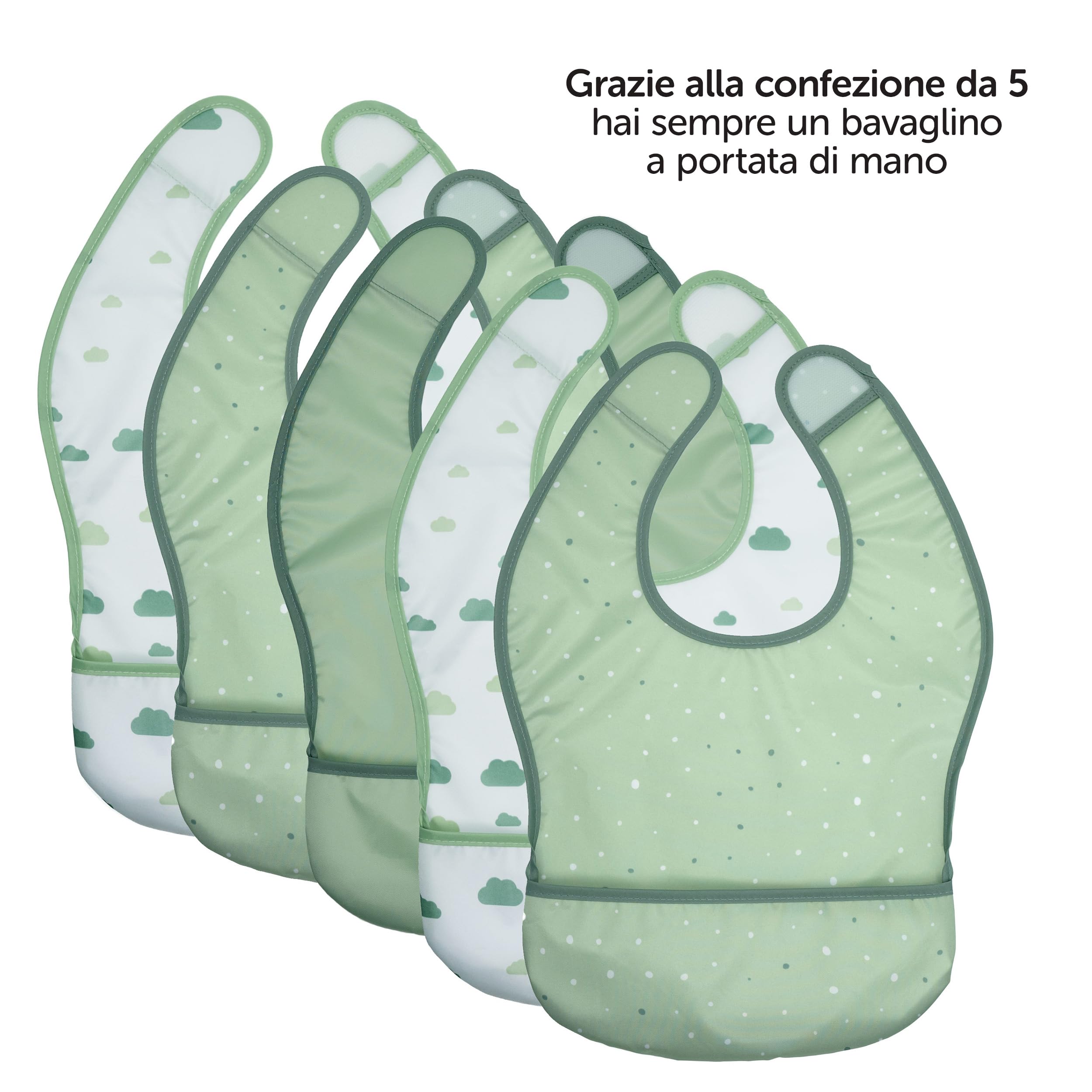MiaMia Bavaglini Neonato Impermeabili 5pz Bavette con Tasca Chiusura a Strappo Testato OekoTex 100 Lavabile Verde