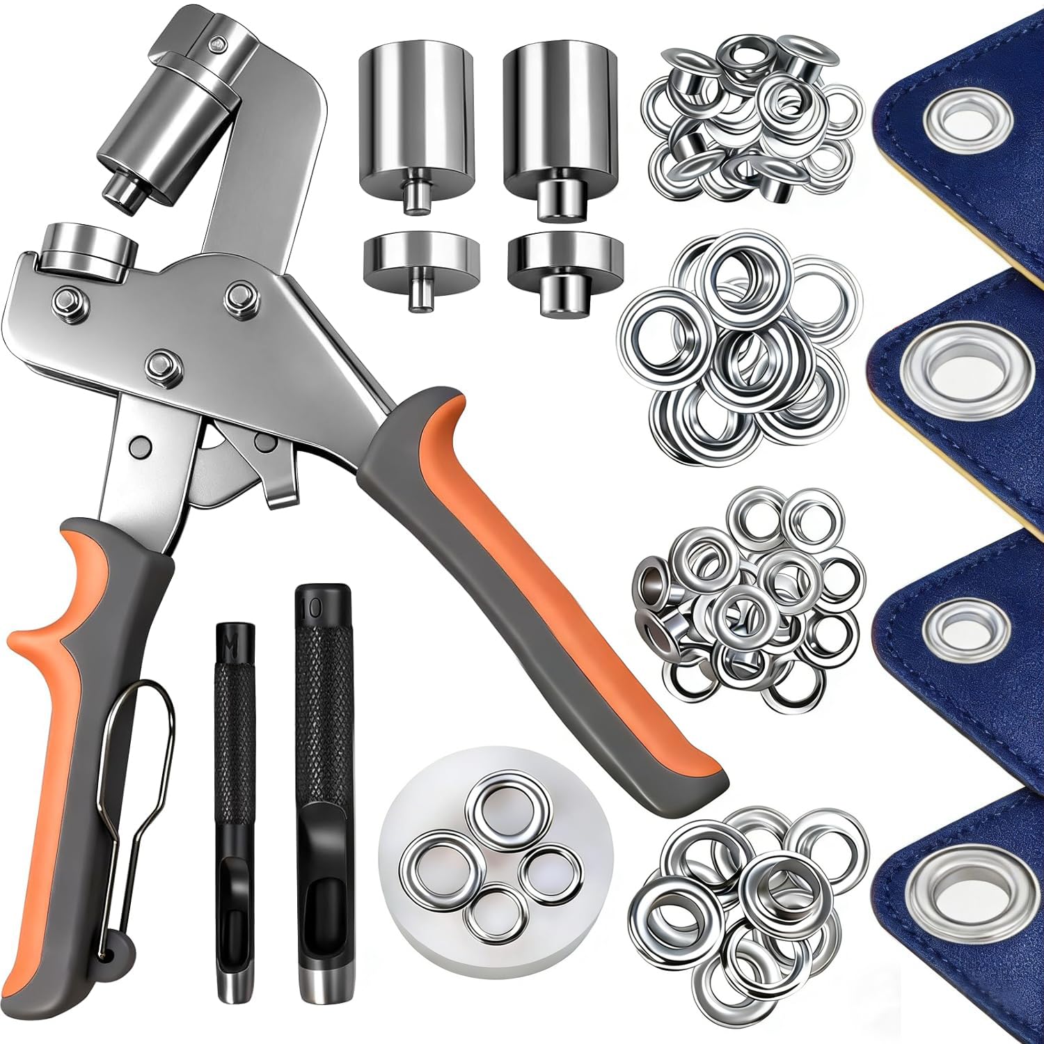 Set di Occhiellatrice, Pinza per Occhielli con 400 Occhielli, 200 × Ø6 mm e 200 × Ø10 mm, Occhiellatrice Magnetico con Testine di Perforazione Intercambiabili per Teloni, Tessuti, Pelle