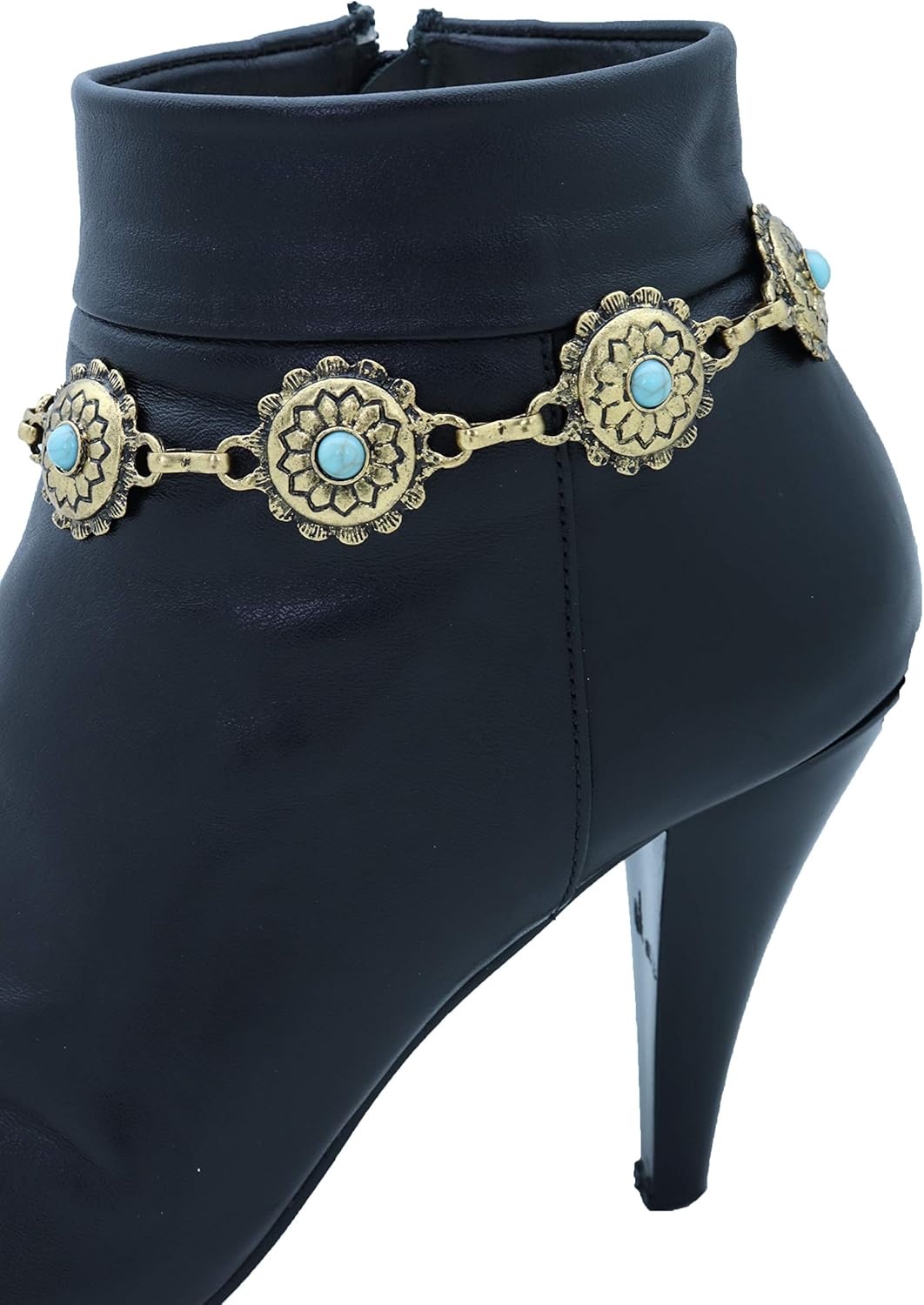 TrendyFashionJewelry TFJ Women Western Bohemian Boot Chain Metal Bling Bracelet Anklet Shoe Weekend Blue Flower Charm Antique Gold Color