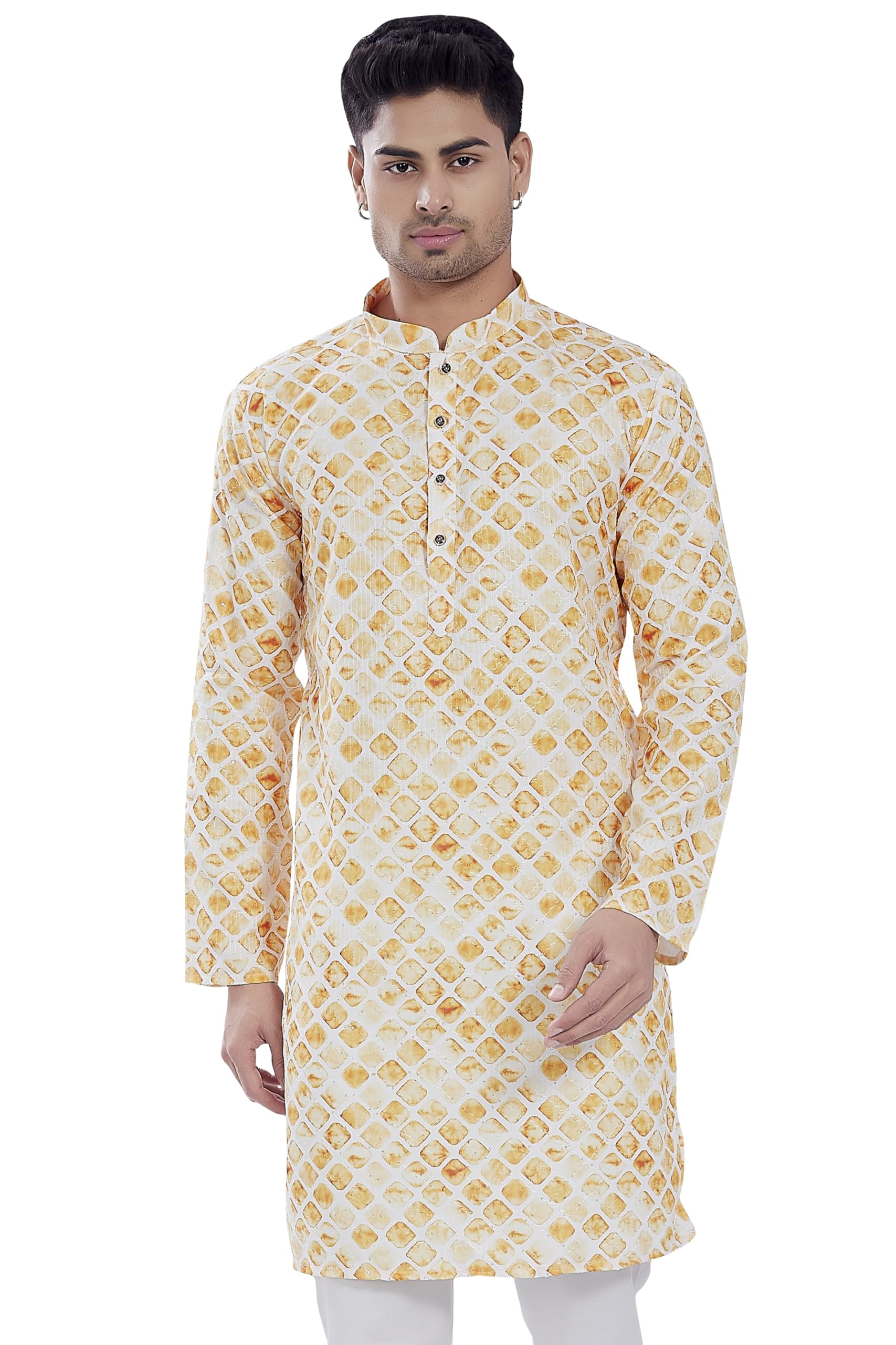 Divisive Men's Sequince Embroidered Printed Cotton Blend Only Slim Fit Kurta (Dkrt683_Xl_Cream Yellow)