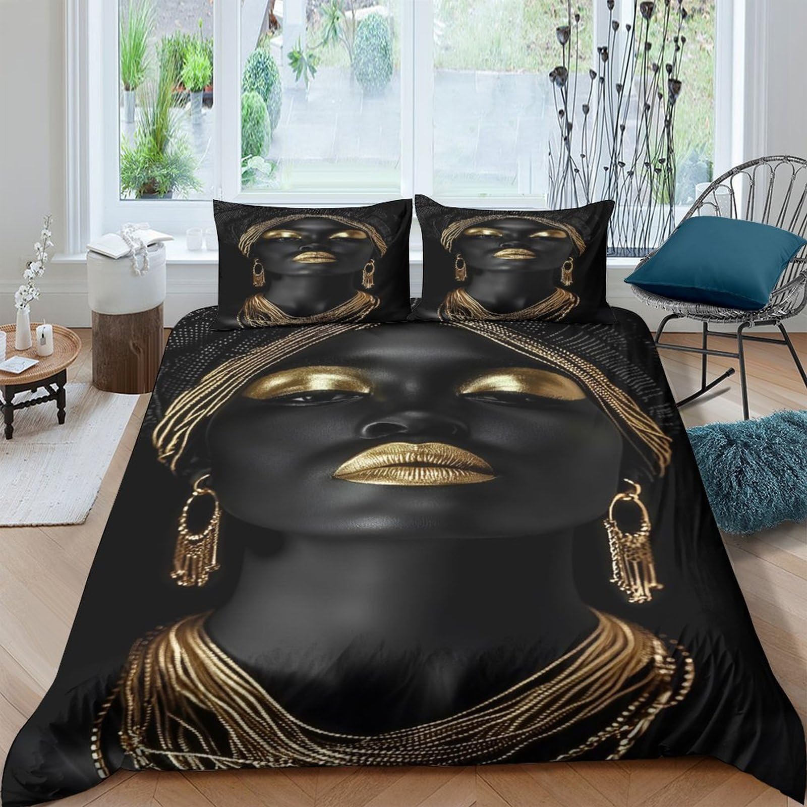Ctjqhvkz Style-1 3D Printed Black Gold Queen Fitted Sheet Microfiber African Art Mattress Cover For Bedroom Dorm Home Decor Single（135X200cm）