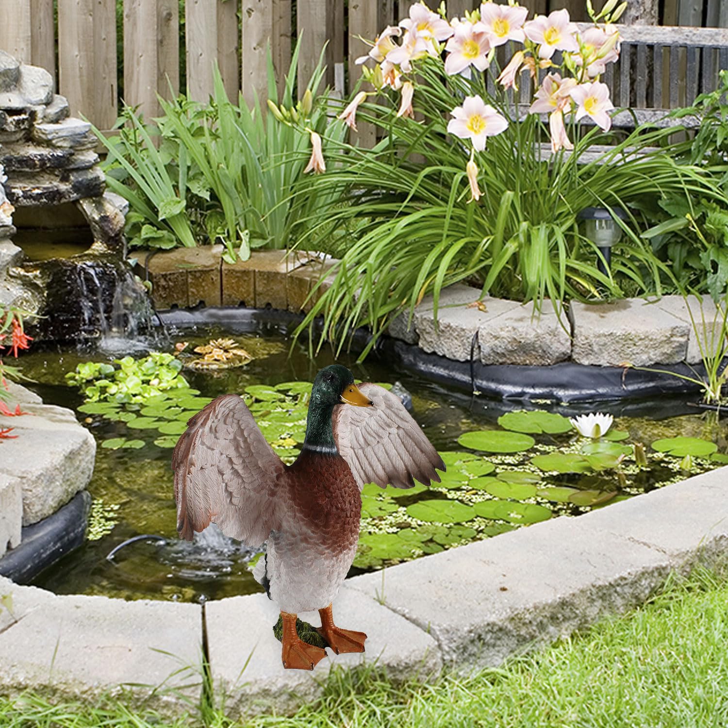 colourliving Enten Figur XL Deko Ente Groß, lebensecht und handbemalt, mit geöffneten Flügeln Deko Enten für den Garten oder Gartenteich