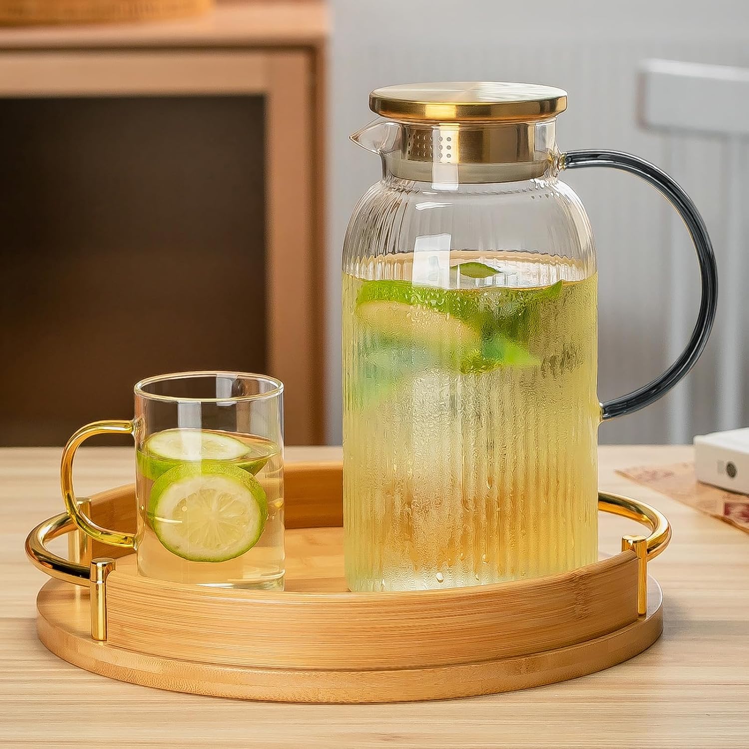 2 PACK Glass Pitcher with Lid,68 oz/ 2 Liter Vertical Stripes Water Pitcher With Green Handle,Glass Water Carafe for Cold Brew,Coffee, Lemonade, Iced Tea,Beverage, Heat Resistant Water Glass Jug - Image 7