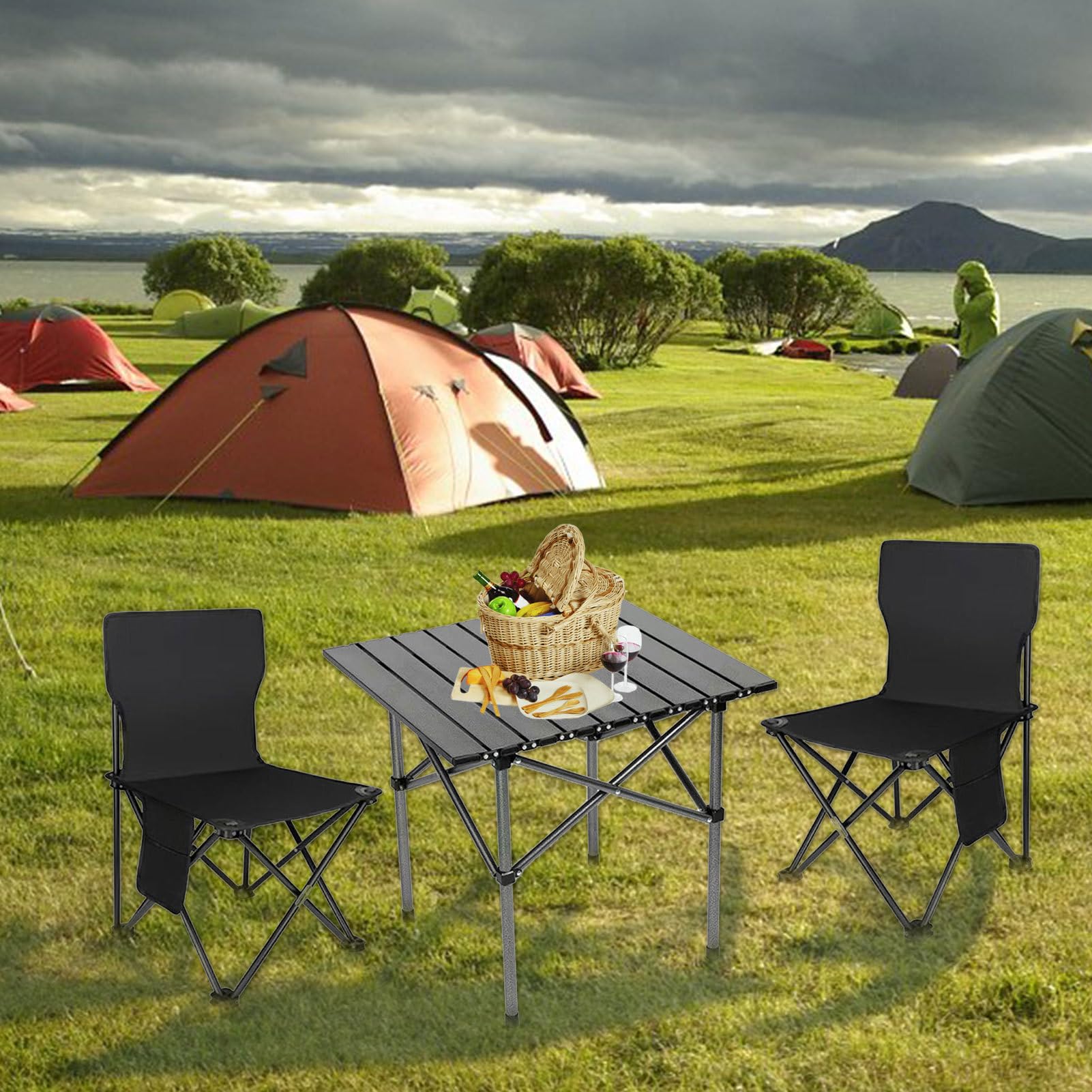 Sedie da campeggio con tavolo – Tavolo da campeggio pieghevole con sedie | Leggero Oxford Outdoor Mobili da campeggio pieghevole portatile per adulti (donna e uomo)