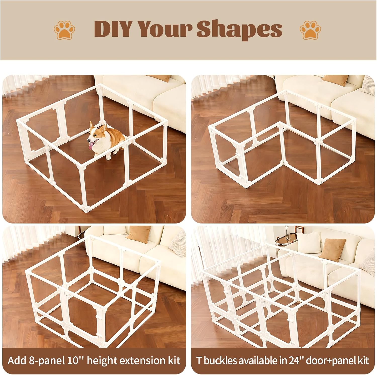 FlexiSpace Adjustable Clear Dog Play Pen, Expandable & Stackable Acrylic Dog Playpen, ONLY Dog Play Pen Indoors Grow with Your Pet Puppy Playpen (24”H, 8 Panels)