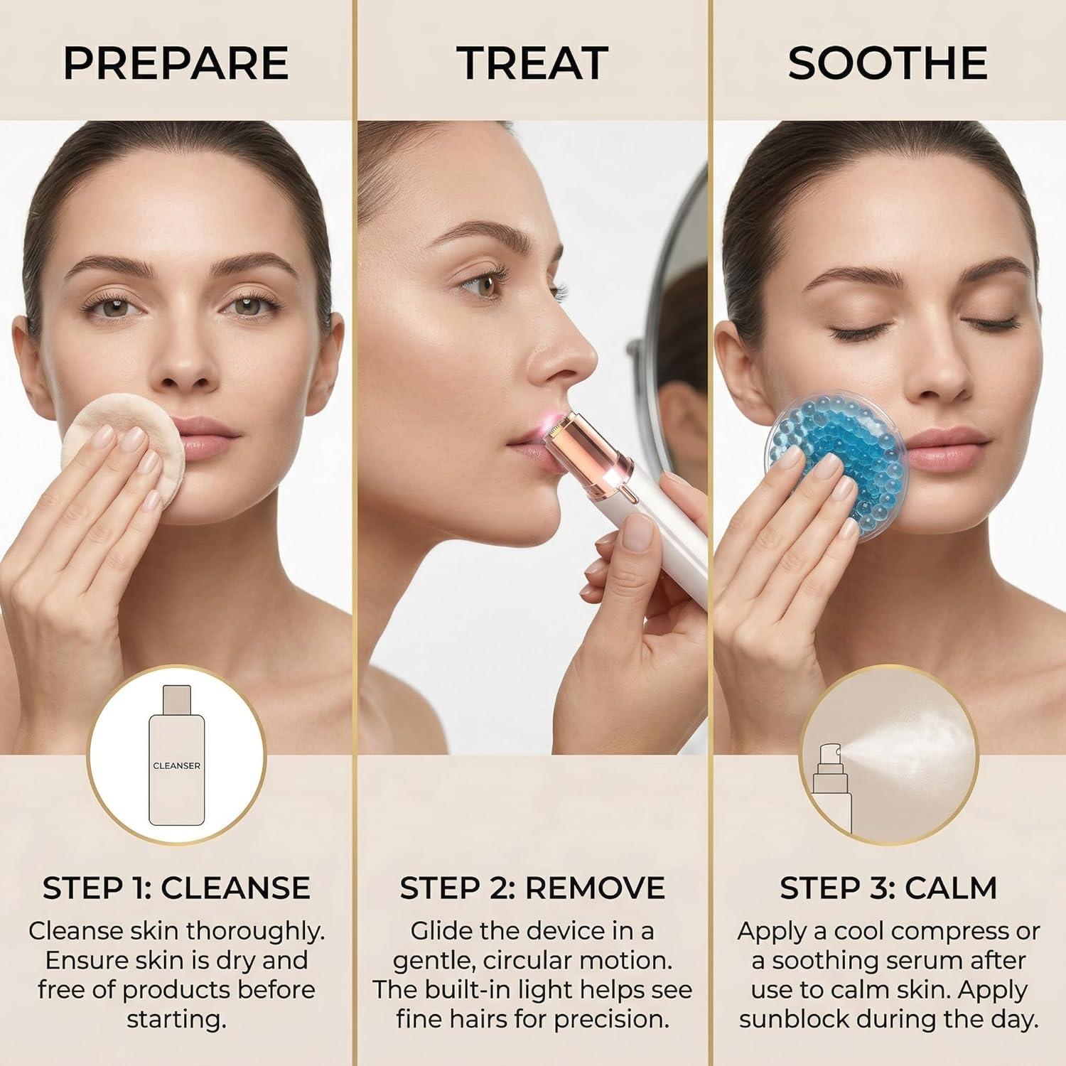 Facial Hair Remover for Women, Electric Face Shaver with LED Light, Painless Hair Removal Device for Face, Peach Fuzz & Upper Lip, Rechargeable, Includes Replacement Head & Gel