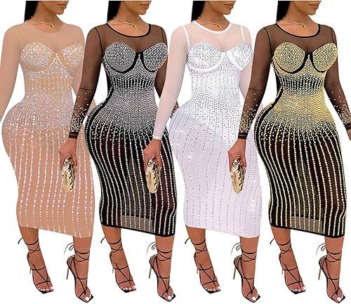 Miniatura 4 de PORRCEY Vestido sexy y elegante con diamantes de imitación para mujer, malla transparente, entallado, para cumpleaños, cóctel, fiesta, club, noche