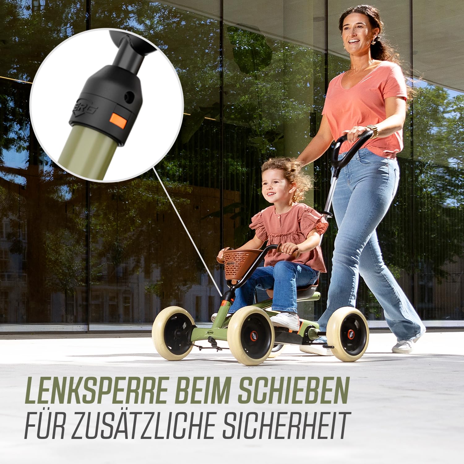 BERG Pedal-Gokart Buzzy 2-in-1 inkl. Schubstange | Gokart mit Freilauf | Tretfahrzeug für Kinder ab 2 Jahren | Kinderfahrzeug mit Handbremse und hohem Sicherheitsstandard | Retro Green