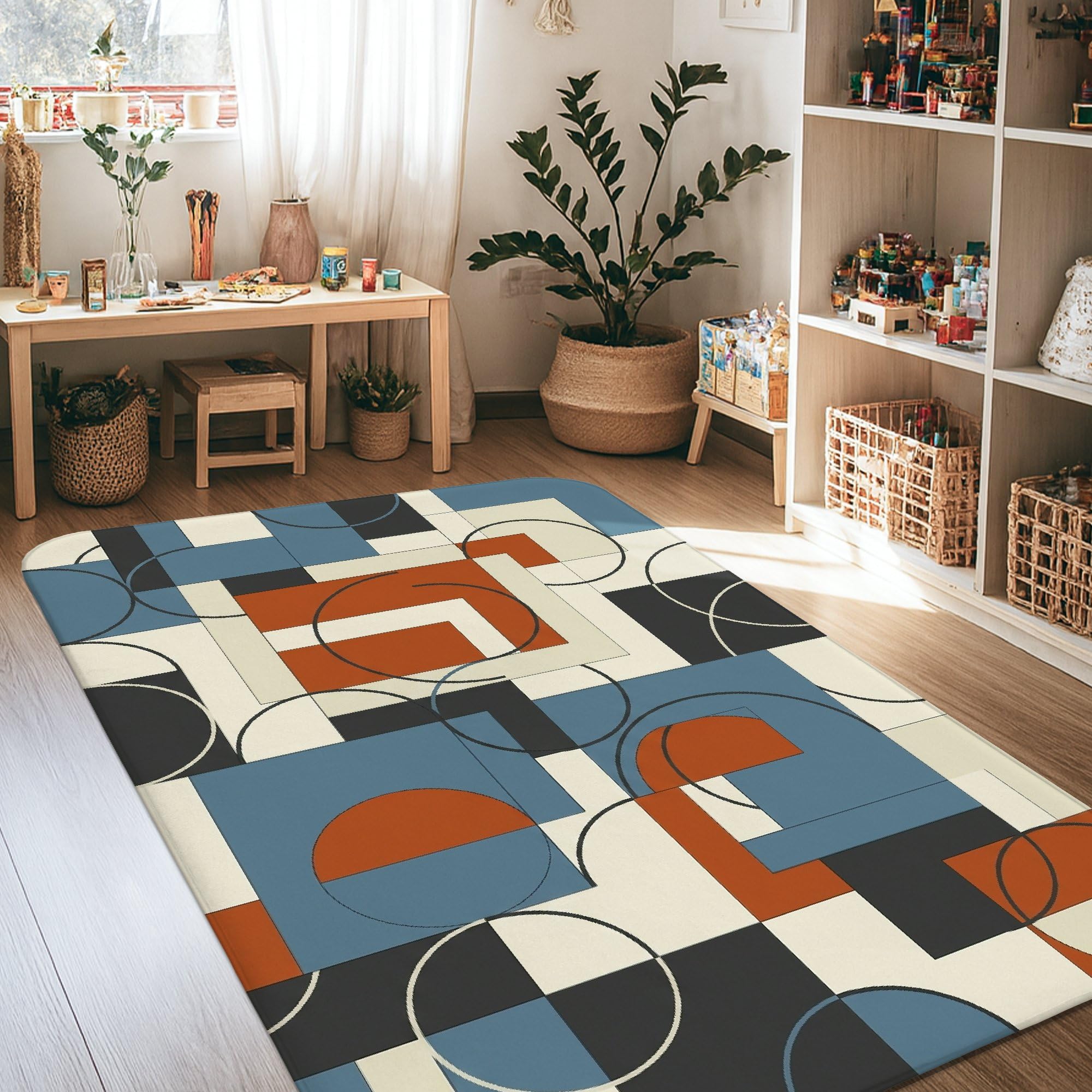 Tapis contemporain carré cercle bleu 1,2x1,8m pour sol de salle à manger