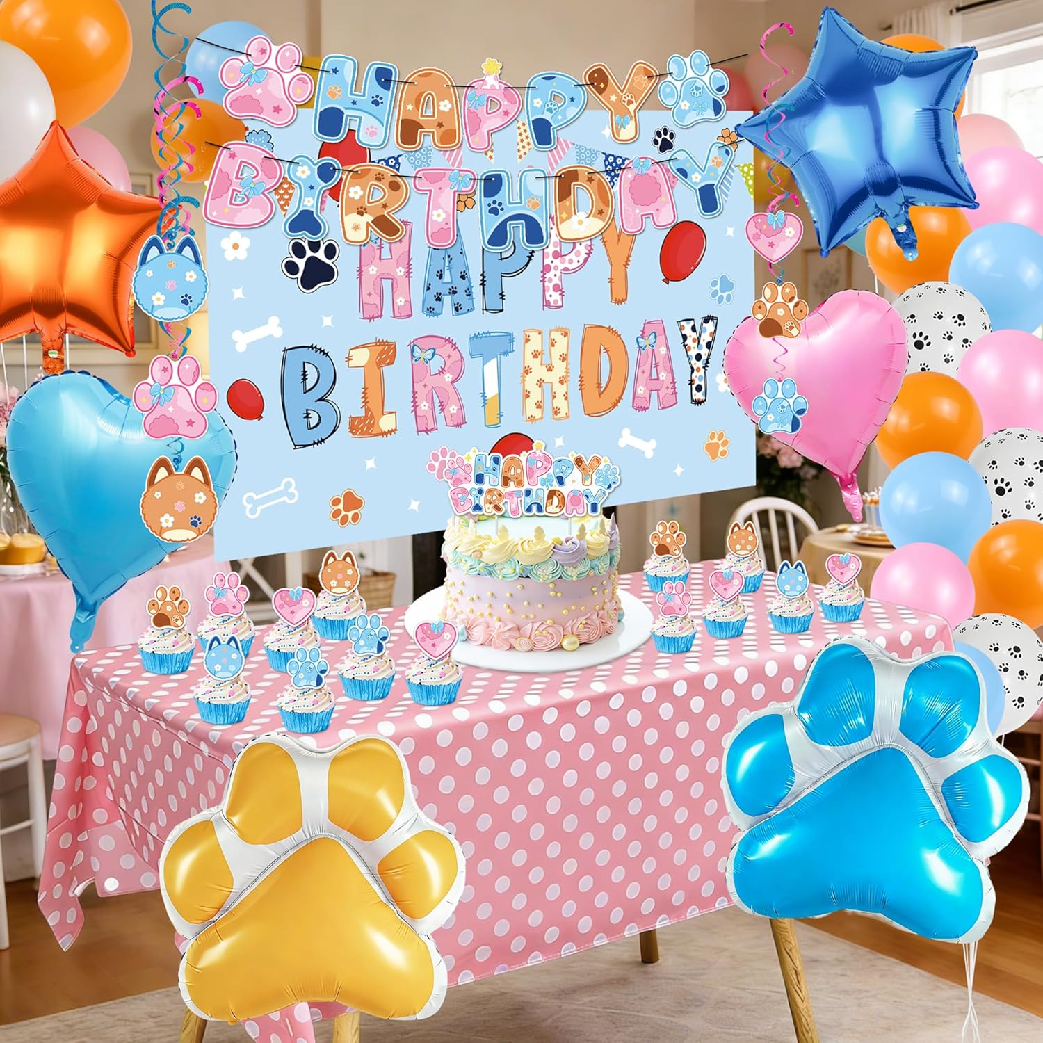 Blue Pink Birthday Decorations Party Supplies Including Banner Tablecloth Cake Toppers Balloons Hanging Swirls Birthday Party Decorations