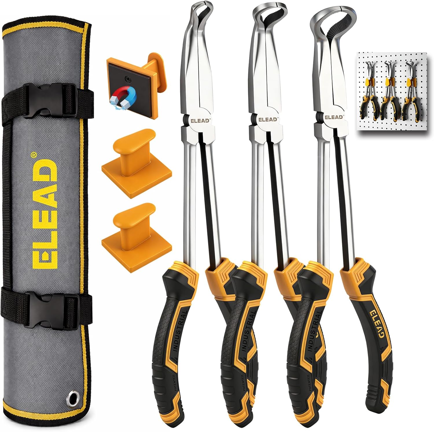 3-Piece 11" Hose Gripper Plier Set, Long Reach Hose Gripping Pliers, 5/16-Inch, 1/2-Inch, 3/4-Inch Diameter, Spark Plug Boot Removal Pliers, Serrated Jaws for Hard to Reach Tight Spaces
