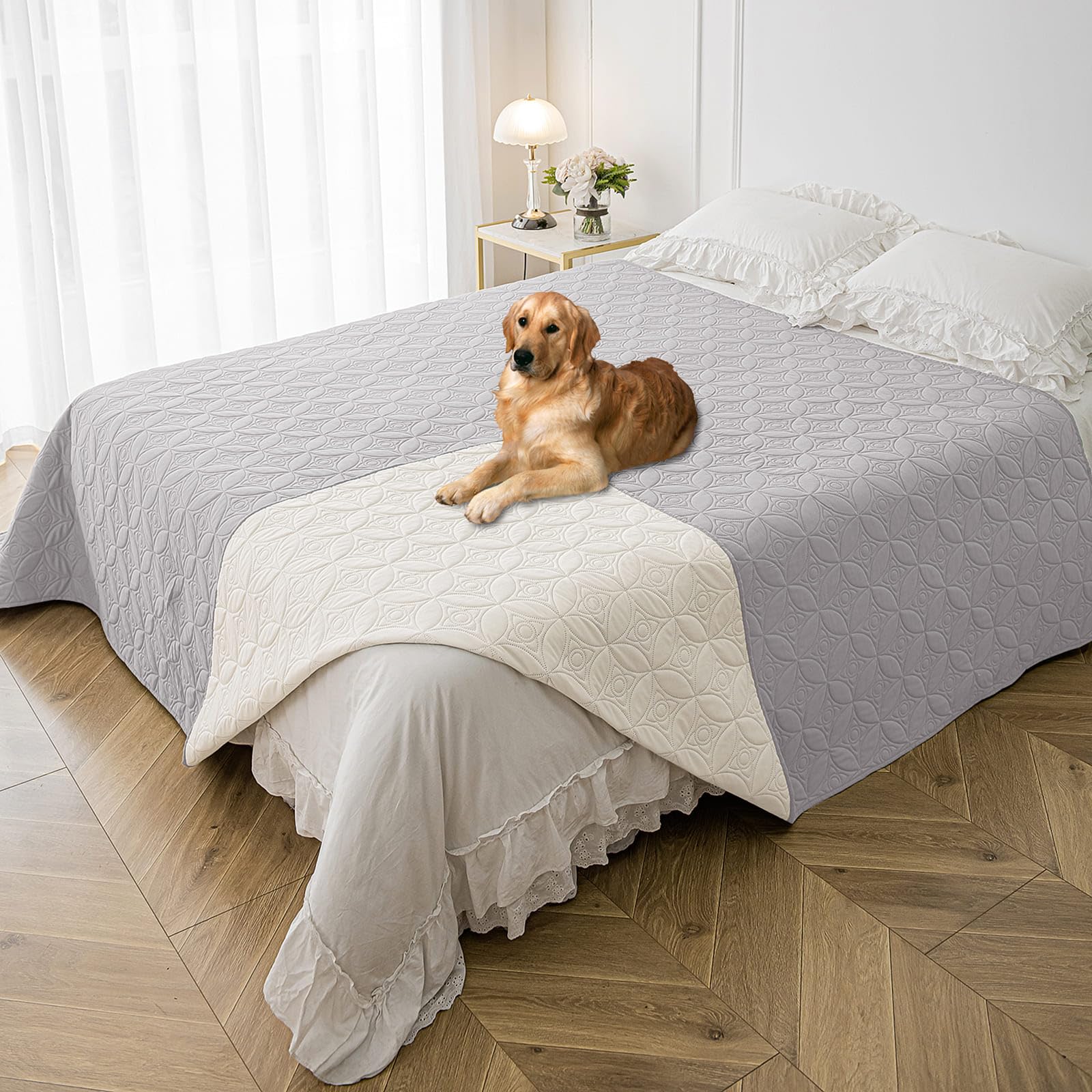 Tuffeel Waterproof Dog Blanket, 82x120 inches Pet Couch Covers for Sofa, Bed Furniture Protector from Dogs Washable and Reversible-Lightgrey+Cream