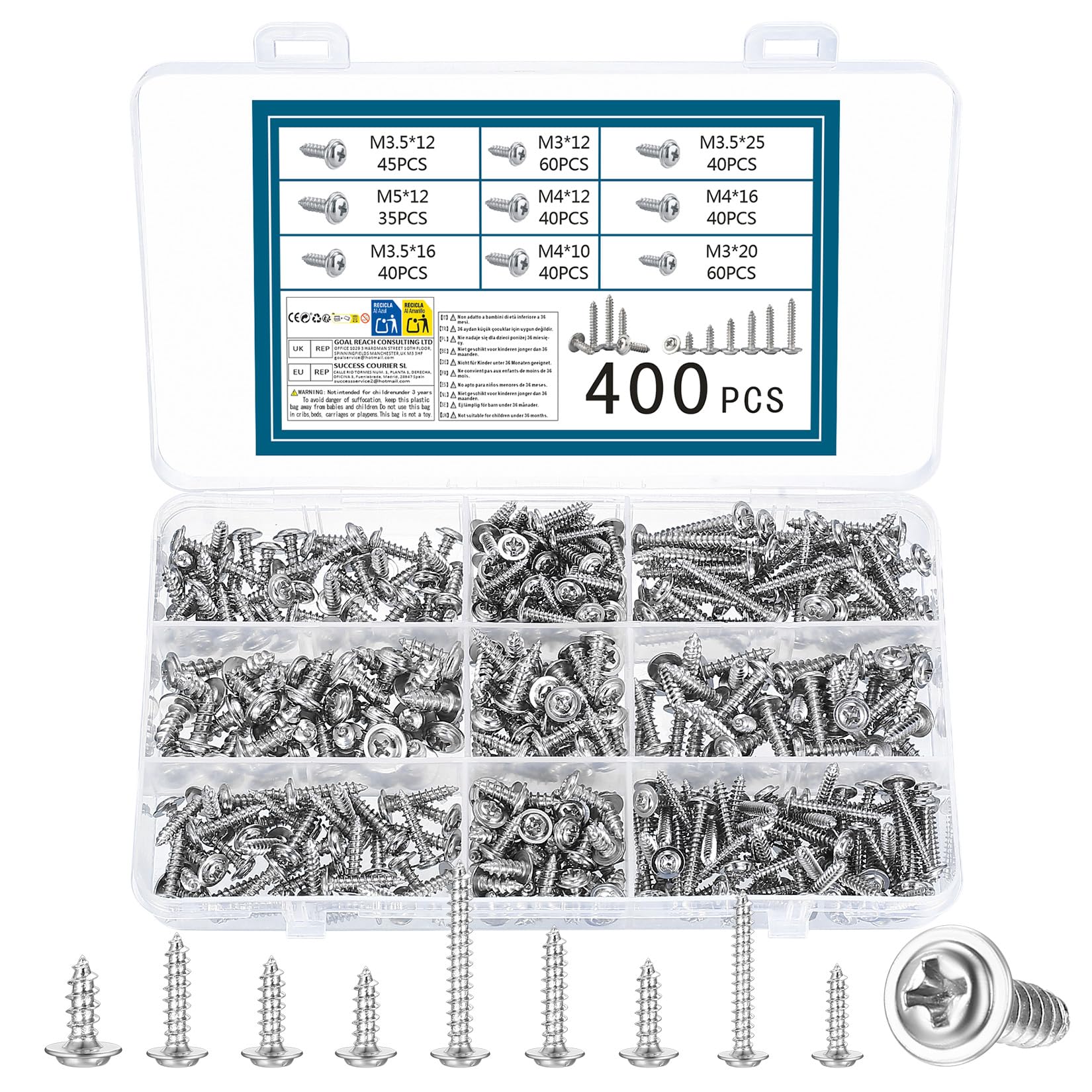 400 PcsSelf Tapping Screws Metal, M3 M3.5 M4 M5 Pan Head Wafer Head Screws with Washer