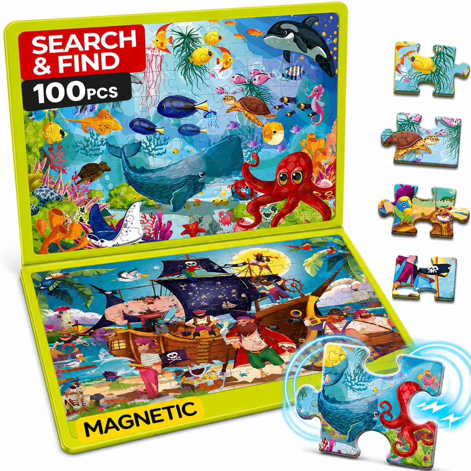 QUOKKA Magnetic 2x100 Piece Jigsaw Puzzles For Children - Kids Puzzles For 6 7 Year Olds with Spot The Difference Maps - Search and Find Home and Travel Magnetic Activity Book - Ocean & Pirates