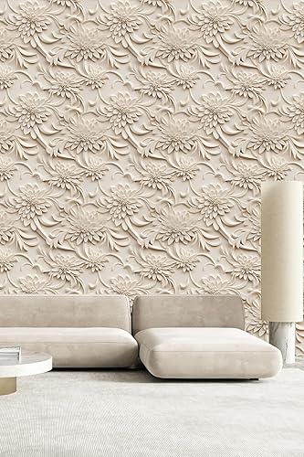 Miniatura 3 de weiseni Papel tapiz floral 3D para despegar y pegar, efecto visual 3D, 17.7"x78.7" pulgadas, autoadhesivo, extraíble, flor marrón amarillento, papel