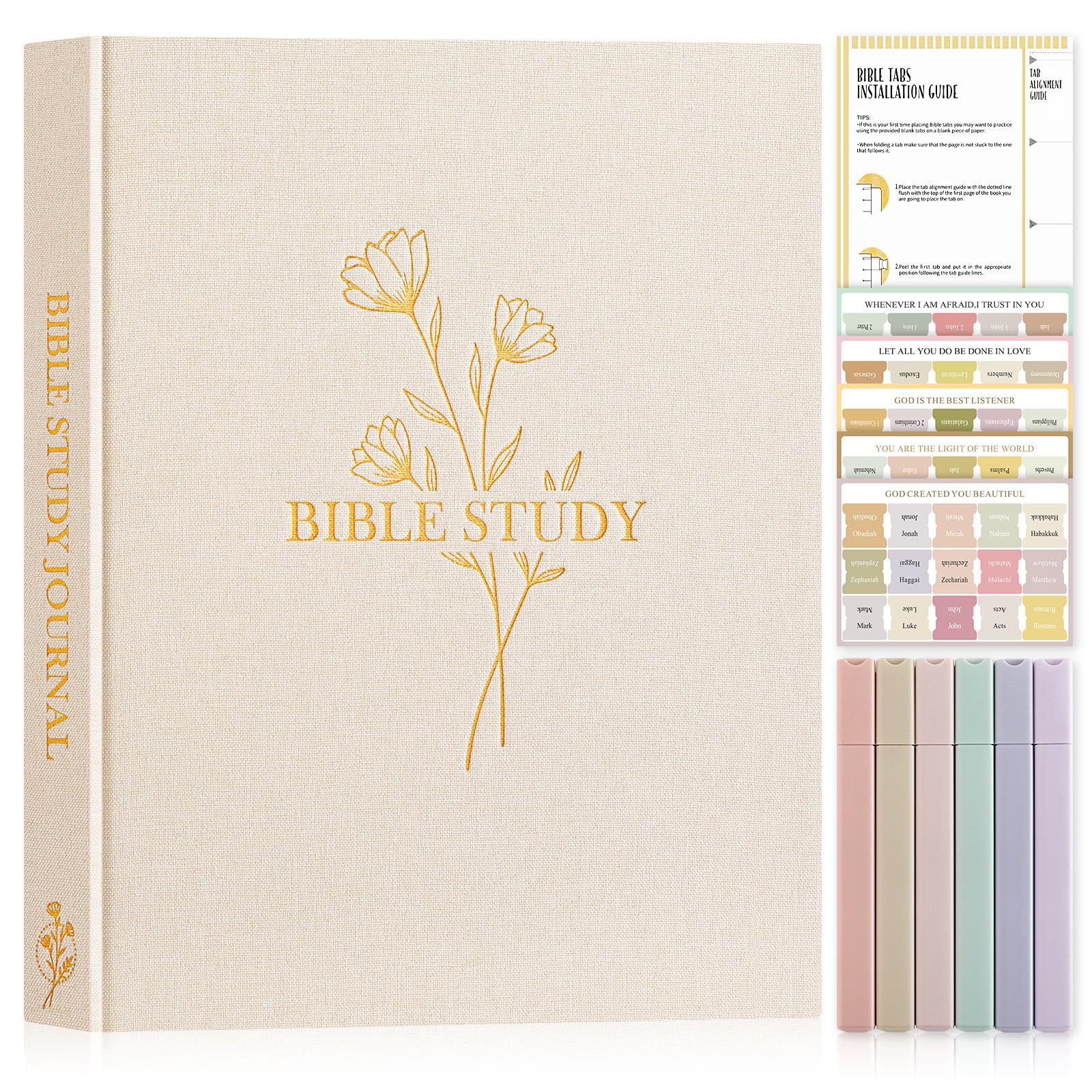 Lanpn Bible Study Journal Geschenke für Frauen, Bibel Studien Gebetstagebuch mit Textmarker & Aufklebern, Biblische Andachtsnotizbuch Christliche Kirchennotizen, Beige, Englisch