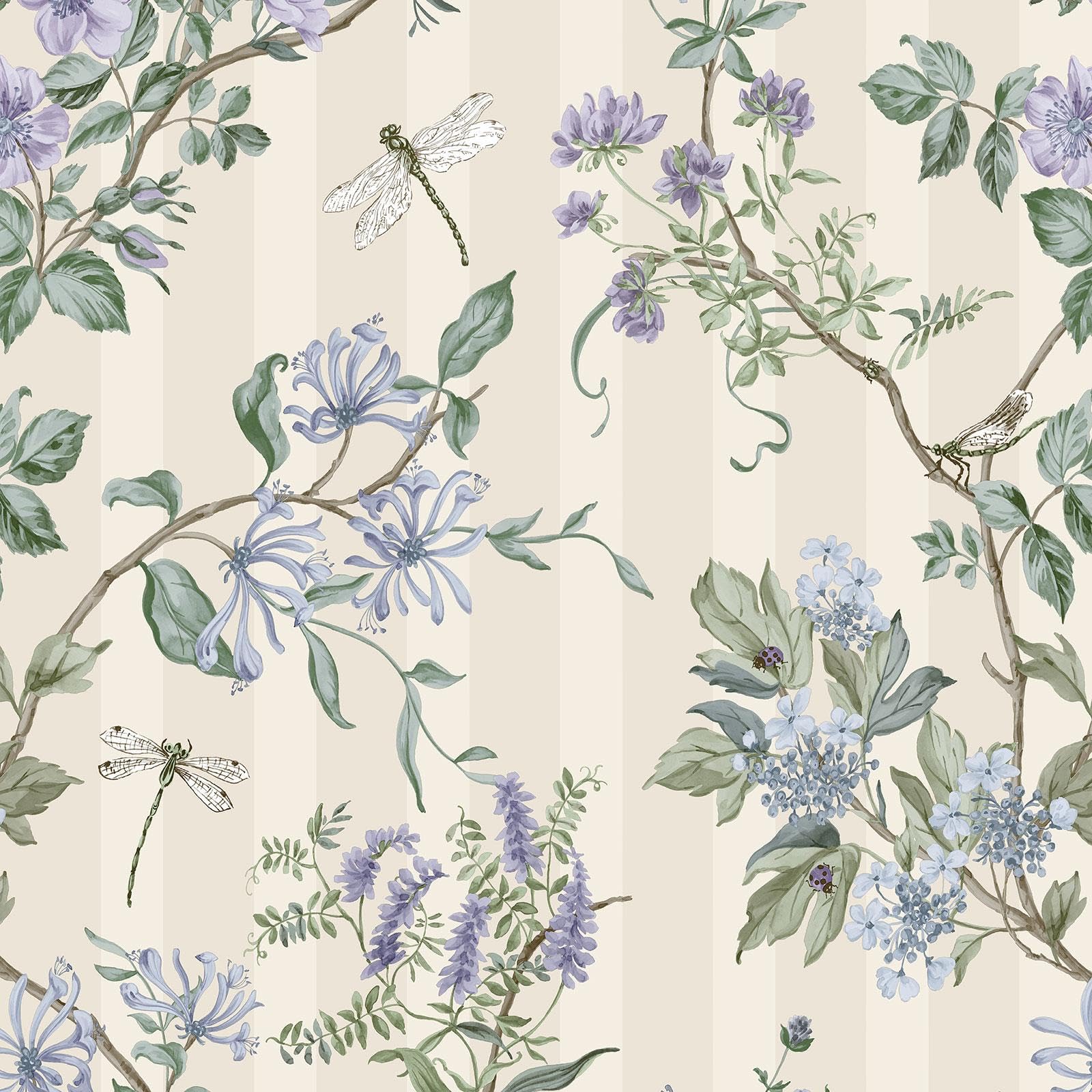 Holden Decor Hampton Gardens Neutral and Blue Floral Trail Wallpaper - 150gsm Paper Substrate - Washable