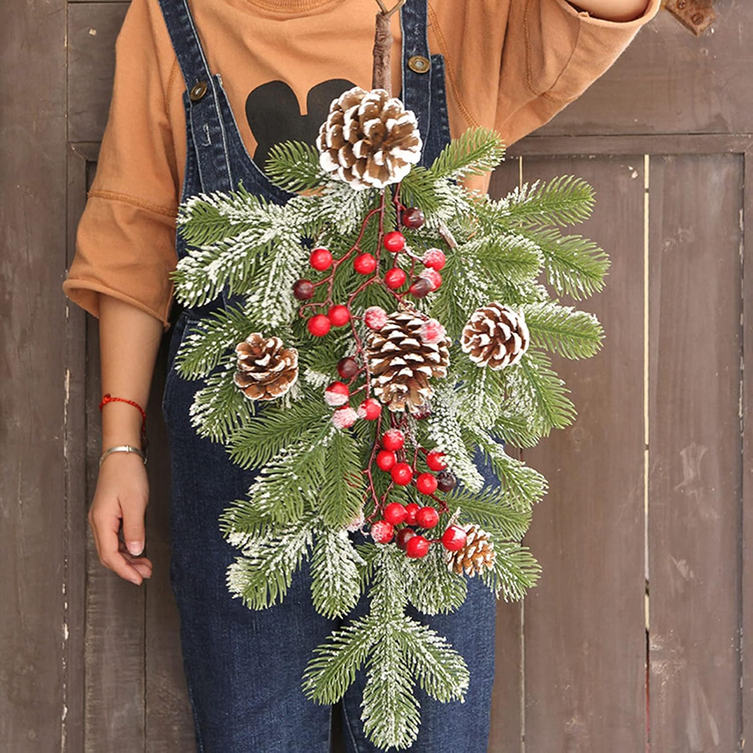 2 PCS 21.7 Inch Christmas Teardrop Floral Swag Artificial Pine with Pinecone and Berry Hanging Garland for Front Door Xmas Holiday Wall Window Decor, Green