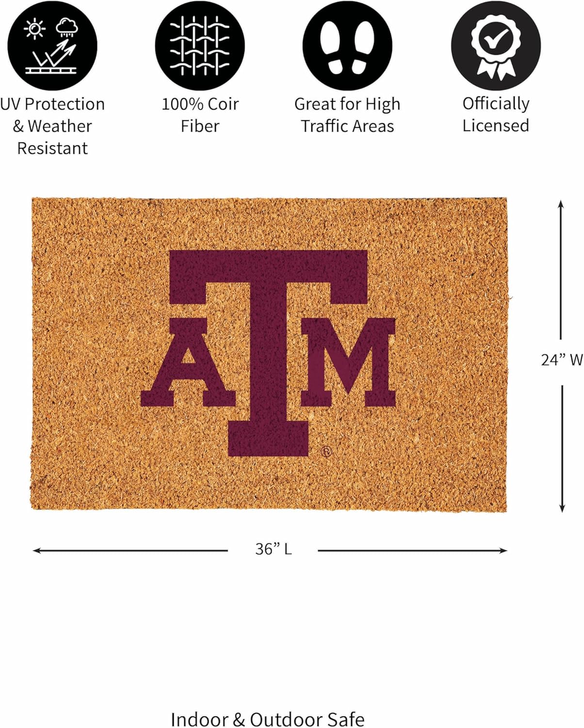 Team Sports America NCAA Texas A&M Coir Doormat 36"x24", Official Full Color Team Logo, Extra Large Front Door Mat, Outdoor Indoor Entrance Rug, Non-Slip Welcome Mat for Porch Patio