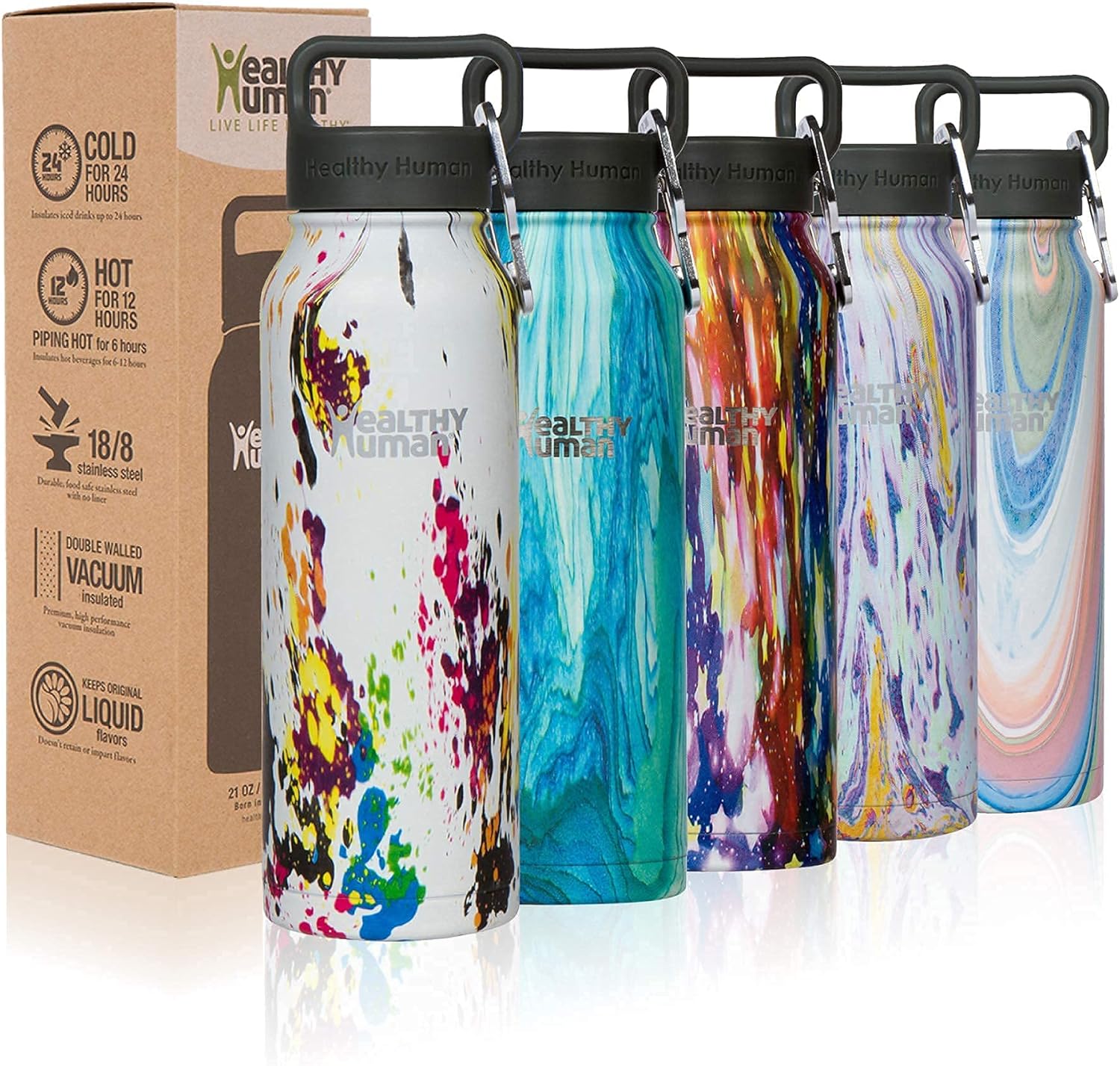 Healthy Human Stainless Steel Water Bottle, Double Walled Vacuum Insulated Tumblers, Travel Bottles with Leak Proof Lid for Adults, Picnic, Camping, Hiking, Outdoor, 16 oz (473 ml), Art Deco