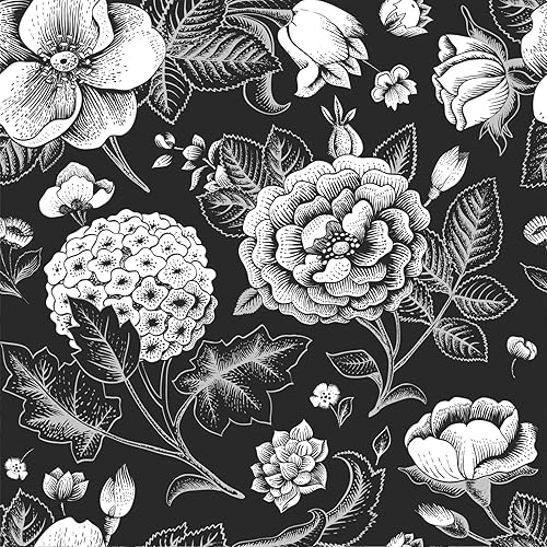 Miniatura 1 de HUAJIE Papel tapiz vintage moderno en blanco y negro papel tapiz floral para despegar y pegar papel tapiz autoadhesivo prepegado papel tapiz