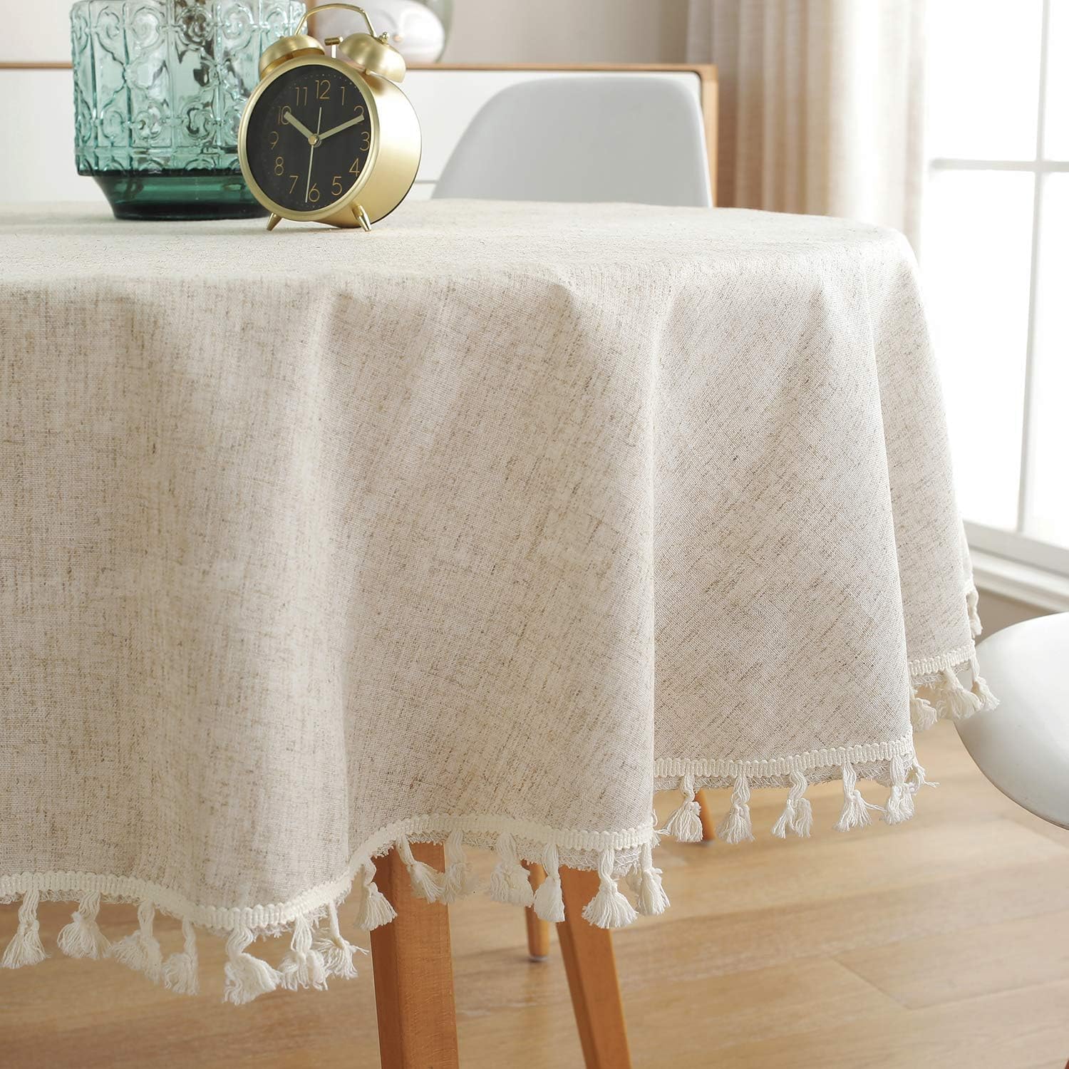 Product image of ColorBird Solid Color Tassel Tablecloth Cotton Linen Dust-Proof Shrink-Proof Table Cover for Kitchen Dining Farmhouse Tabletop Decoration (Round, 60 Inch, Neutral)