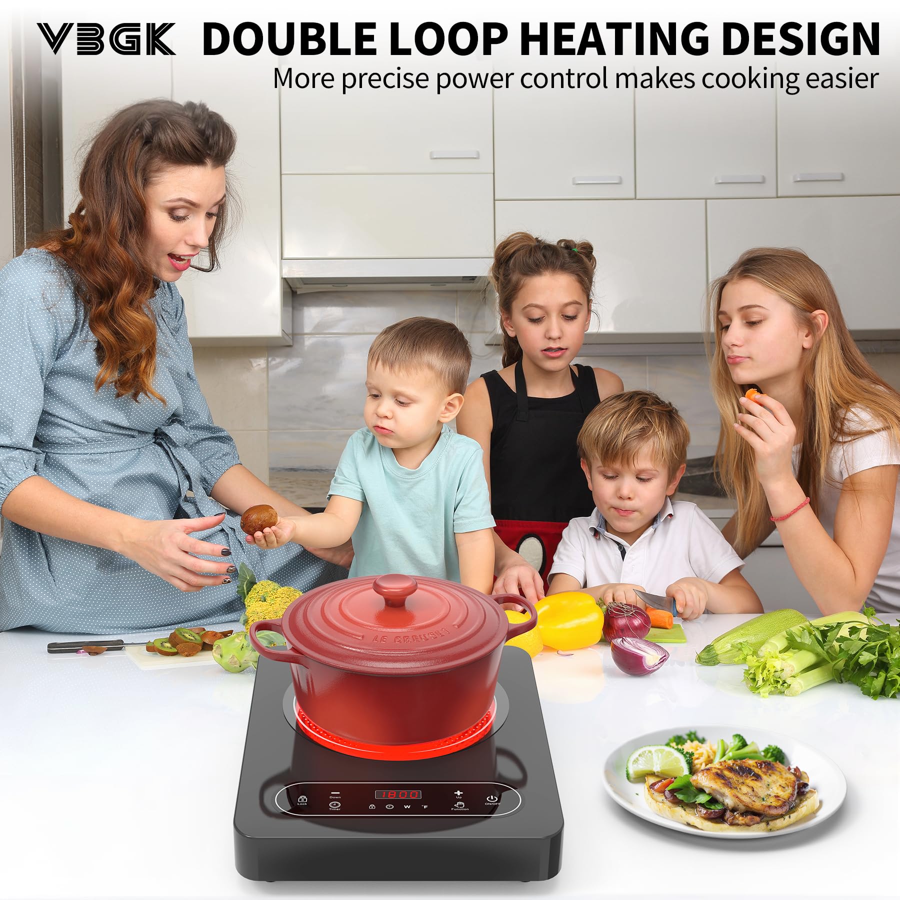 Cocina eléctrica de un solo quemador, estufa eléctrica de 110 V 1800 W con control táctil LED, 10 niveles de potencia, 4 horas, bloqueo de seguridad, cocina portátil, protección contra 2