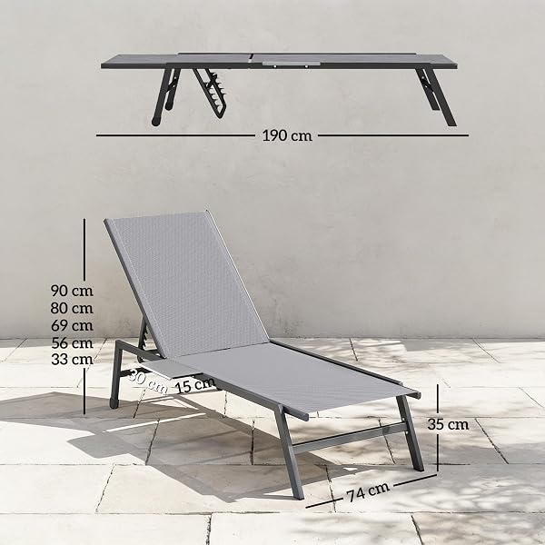Outsunny Set di 2 Lettini Prendisole da Giardino con Tavolino Laterale, Schienale Regolabile 5 Livelli, Sdraio da Giardino in Texteline con 2 Ruote, per Spiaggia Piscina Terrazzo, 74x190x35cm, Grigio - 3