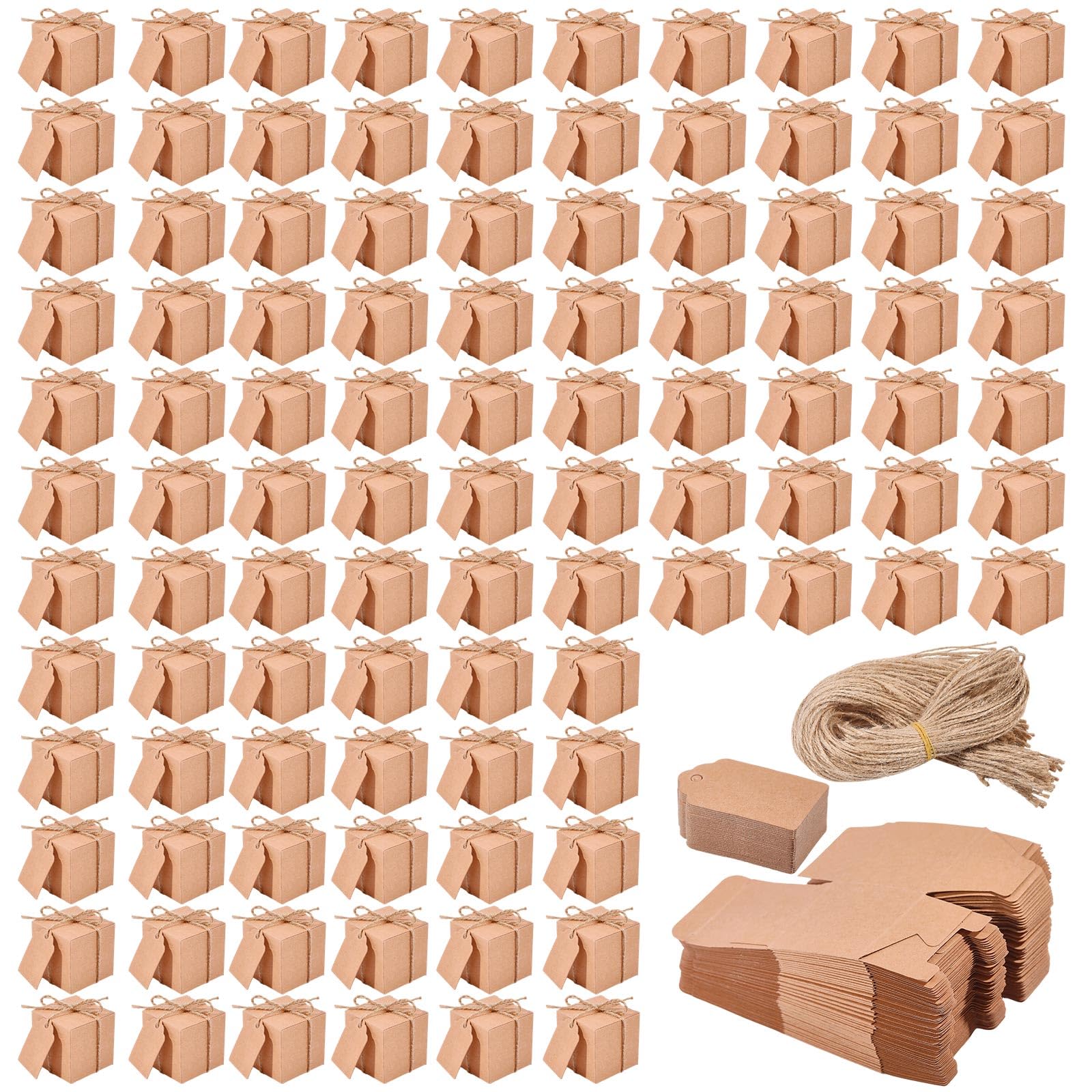 FREEBLOSS 100pcs Tiny Gift Box Brown Kraft Paper Boxes Party Treat Box with DIY Tag Foldable Candy Boxes for Birthday Party Wedding Favors 2x2x2inch