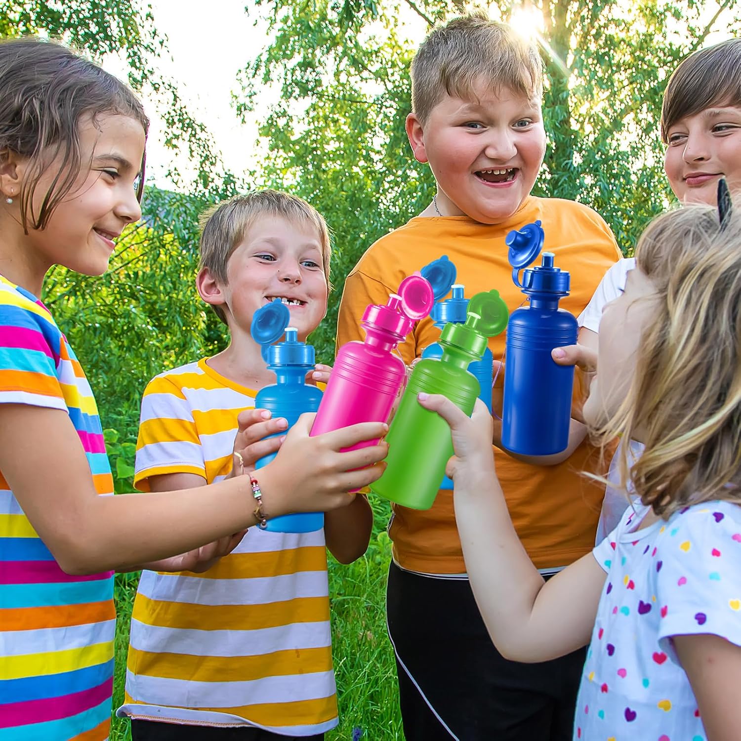 Tessco for you 20 Pack Bulk Water Bottles for Kids 18 oz Plastic Sports Water Bottle Reusable Squeeze Neon Color with Nylon Strap Back to School Supplies for Outdoor Travel Team Gym