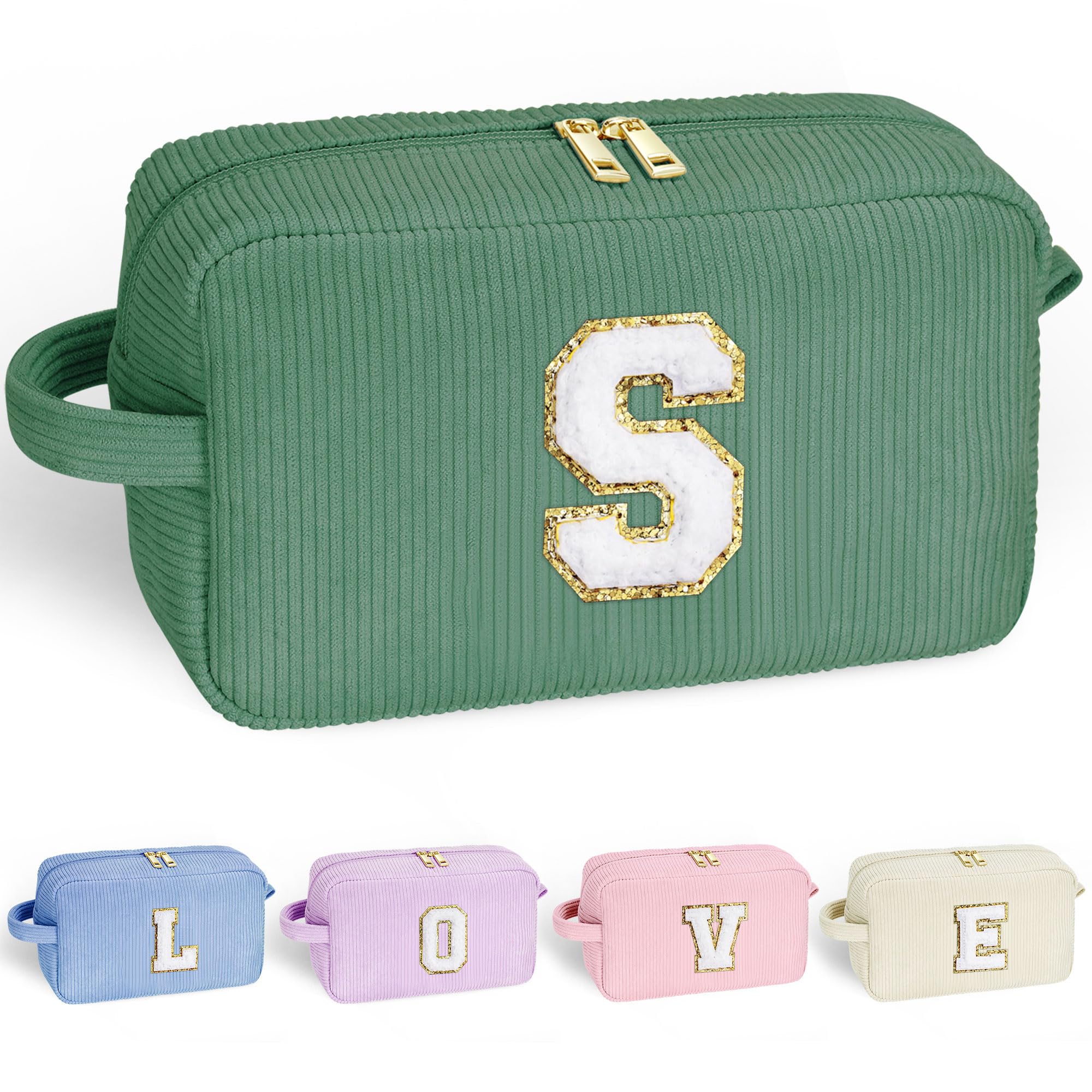 YOOLIFE Girls Makeup Bag - Teen Girl Gifts Deep Green Letter Make Up Bag Cosmetic Bag Mini Makeup Brush Bag Mother Teacher Gifts for Women Her Best