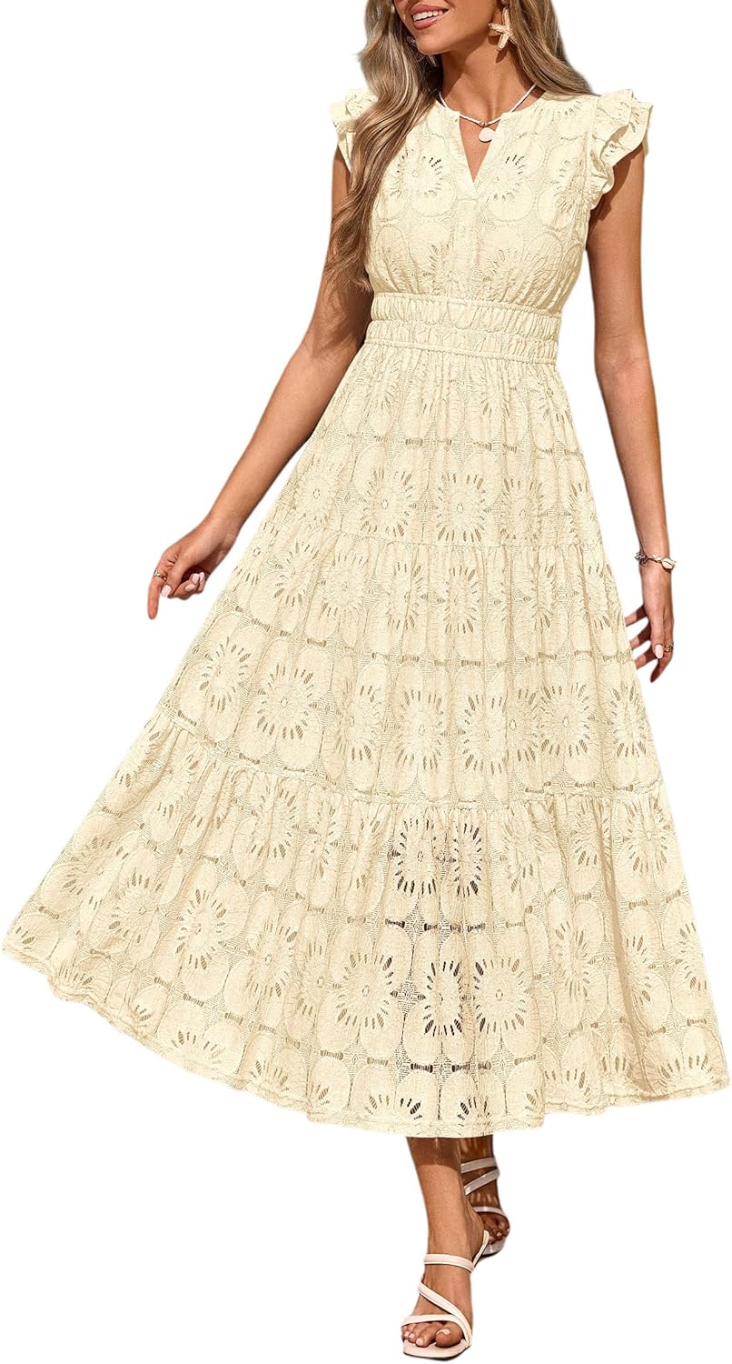 PRETTYGARDEN Womens Boho Maxi Dresses 2026 Summer Floral Lace Eyelet V Neck Spring Wedding Guest Dress Beach Vacation Clothes