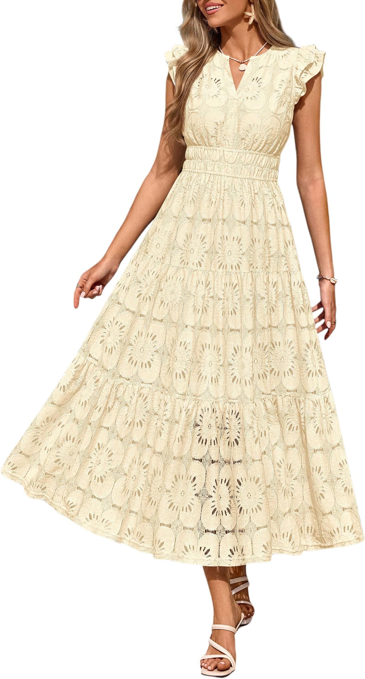 Womens Boho Maxi Dresses 2026 Summer Floral Lace Eyelet V Neck Spring Wedding Guest Dress Beach Vacation Clothes