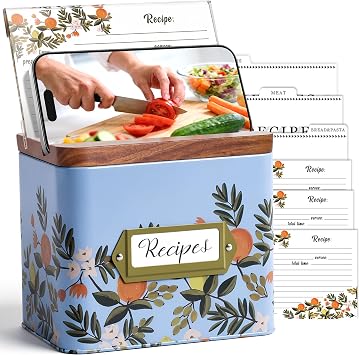 Recipe Box and Cards 4 x 6 Inch Recipe Card Holder with Wooden Grooved Lid & Phone Stand,All-in-One Cooking Gift Set for Kitchen-50 Cards 24 Dividers