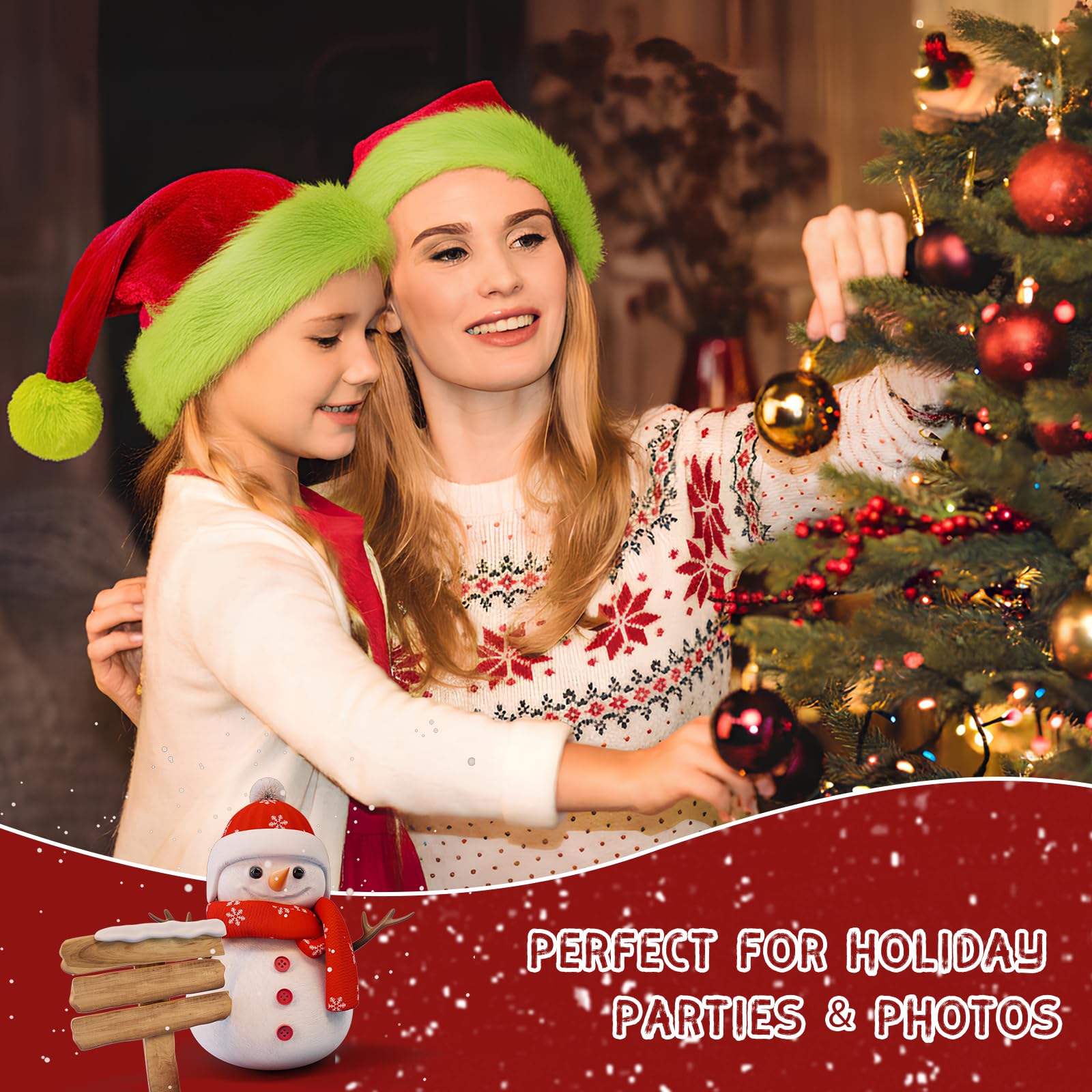 ROSAUI Green Trim Santa Hat for Adults, Red Velvet Christmas Hat with Bright Green Faux Fur - Image 4