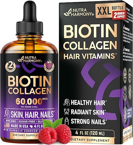 Miniatura 8 de NUTRAHARMONY Colágeno líquido y biotina gotas para el crecimiento del cabello para mujeres y hombres extra fuerte 60000 mcg suplemento de vitamina